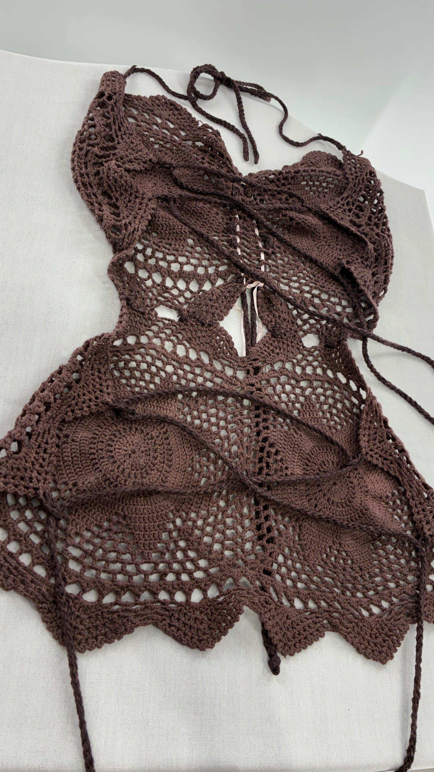 Handmade Brown Crochet Backless Tunic (One Size)