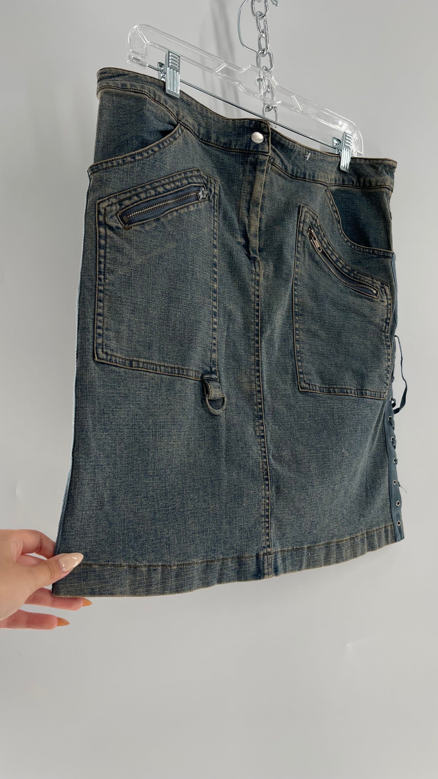 Vintage More Feminine w/o Limits Denim Skirt with Grommet Lace Up Sides and Fade (42)