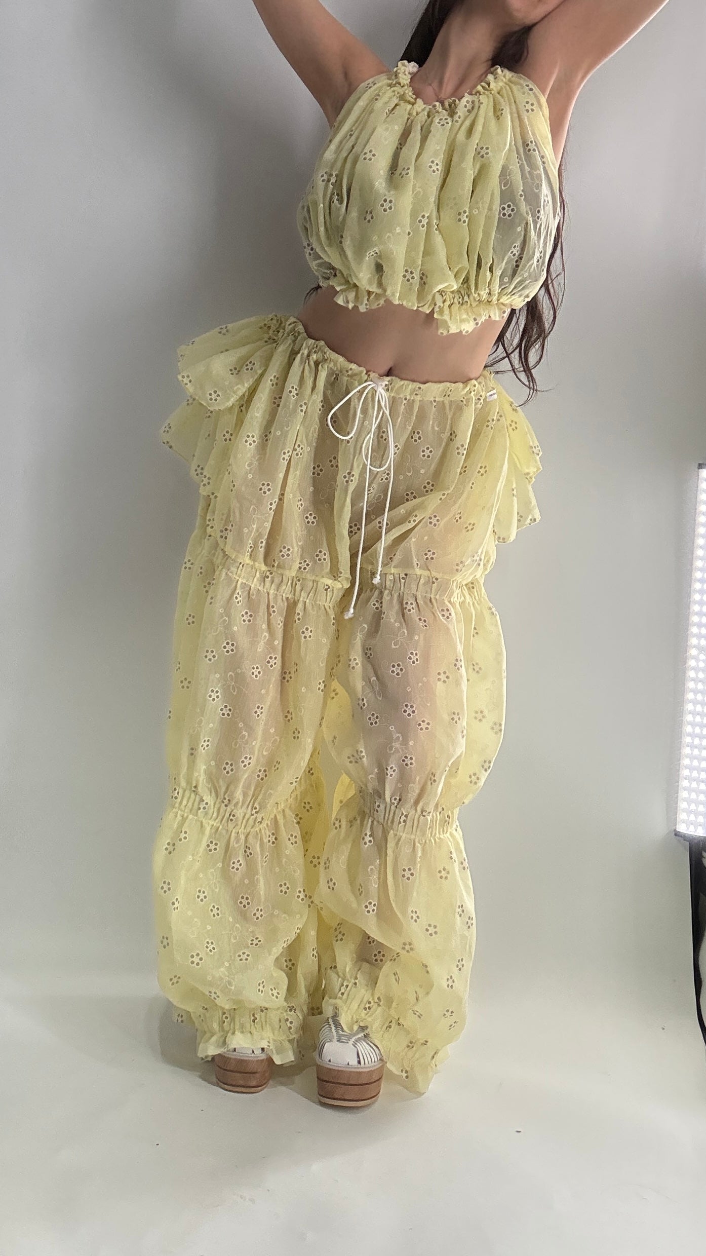 Vintage Handmade 2pc Baby Yellow Set with Tiered Pants, Ruffled Bum, and Floral Eyelet Pattern (XS-M)