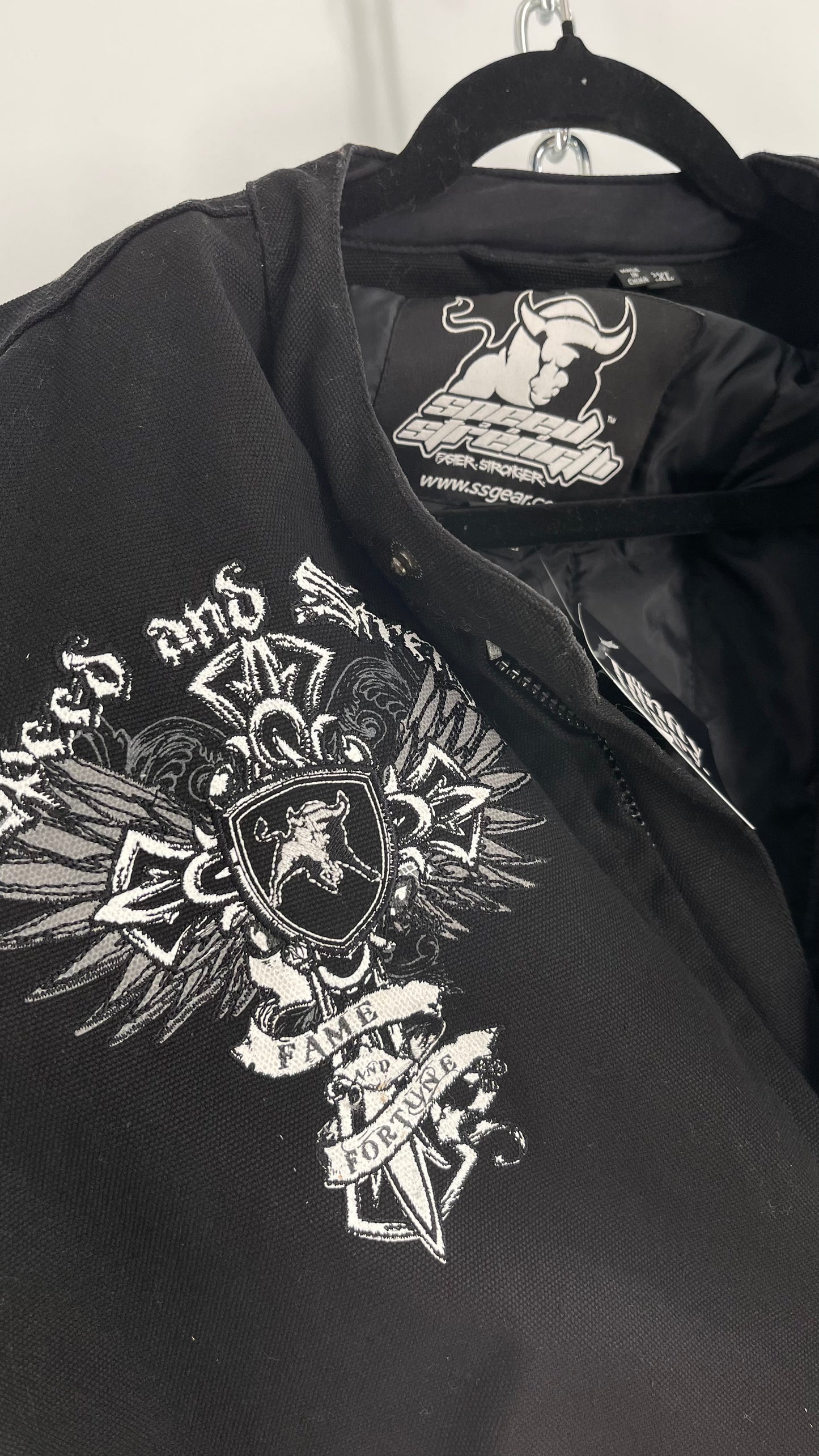 Vintage Speed + Strength Grunge Punk Riding Motorcycle Jacket with Cross Embroidery, Wings, Fame + Fortune, Speed + Strength Men’s Unisex (XXL)