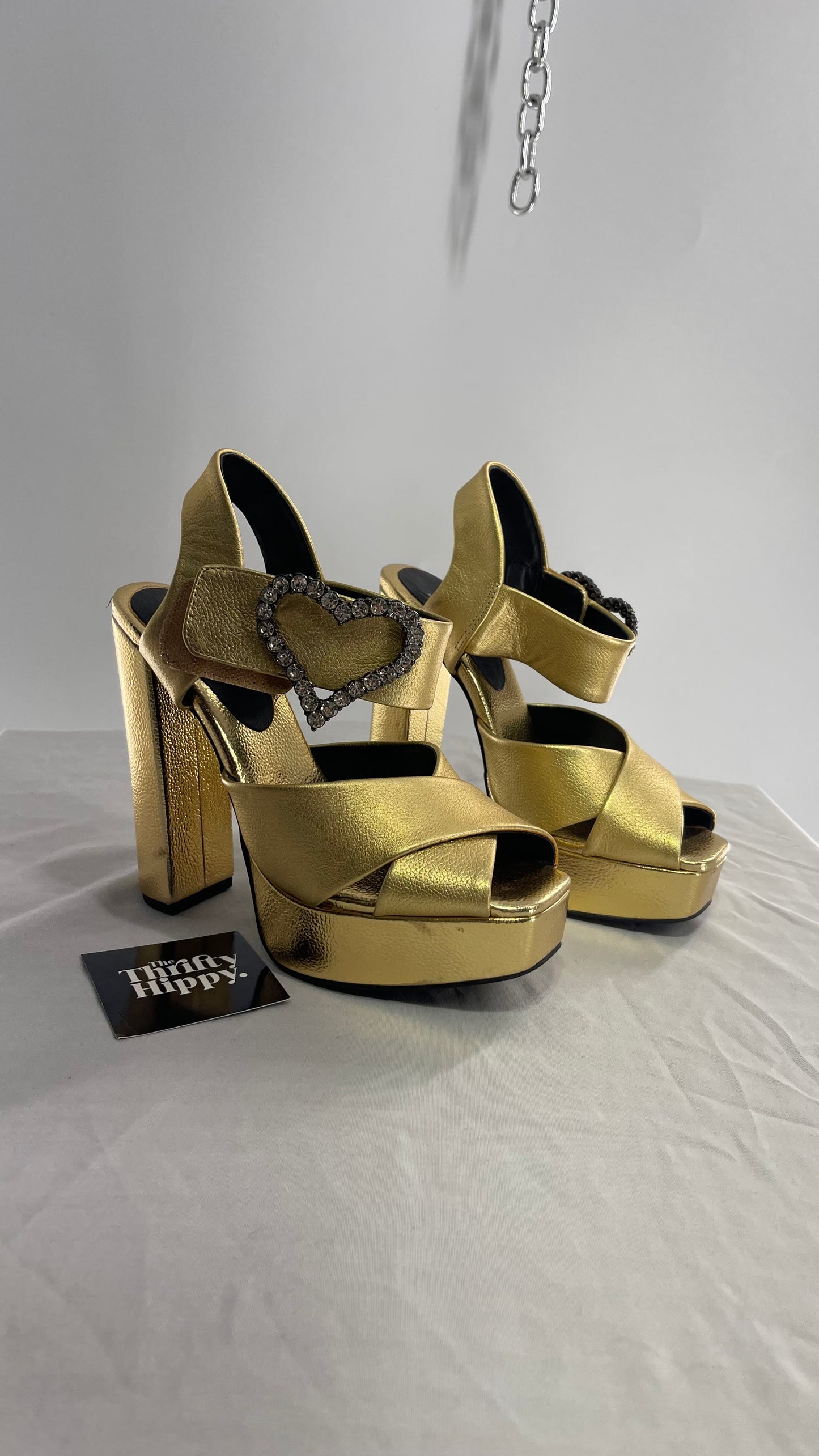 Jeffrey Campbell Metallic Gold Chunky Gold Platform Heel with Rhinestone Heart Buckles (6.5)