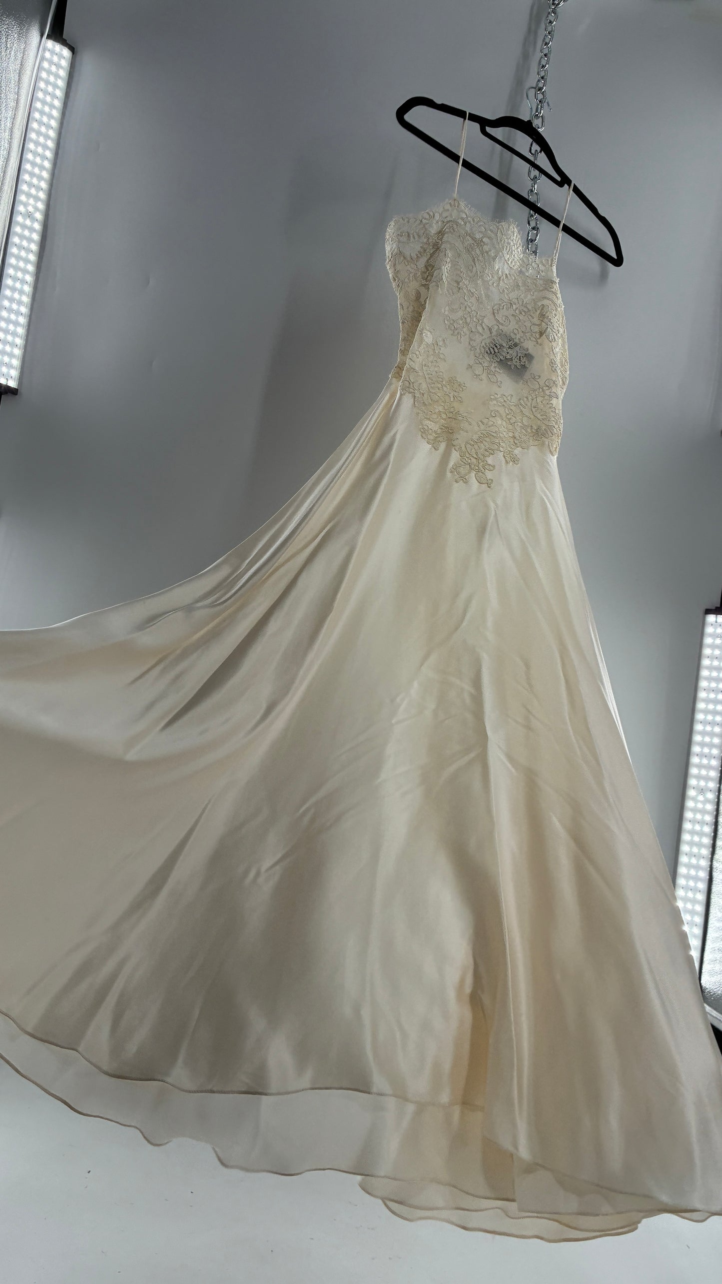 Vintage JONQUIL 100% Silk Gown with Heavy Lace Appliqués and Low Cut Sheer Back (Medium)