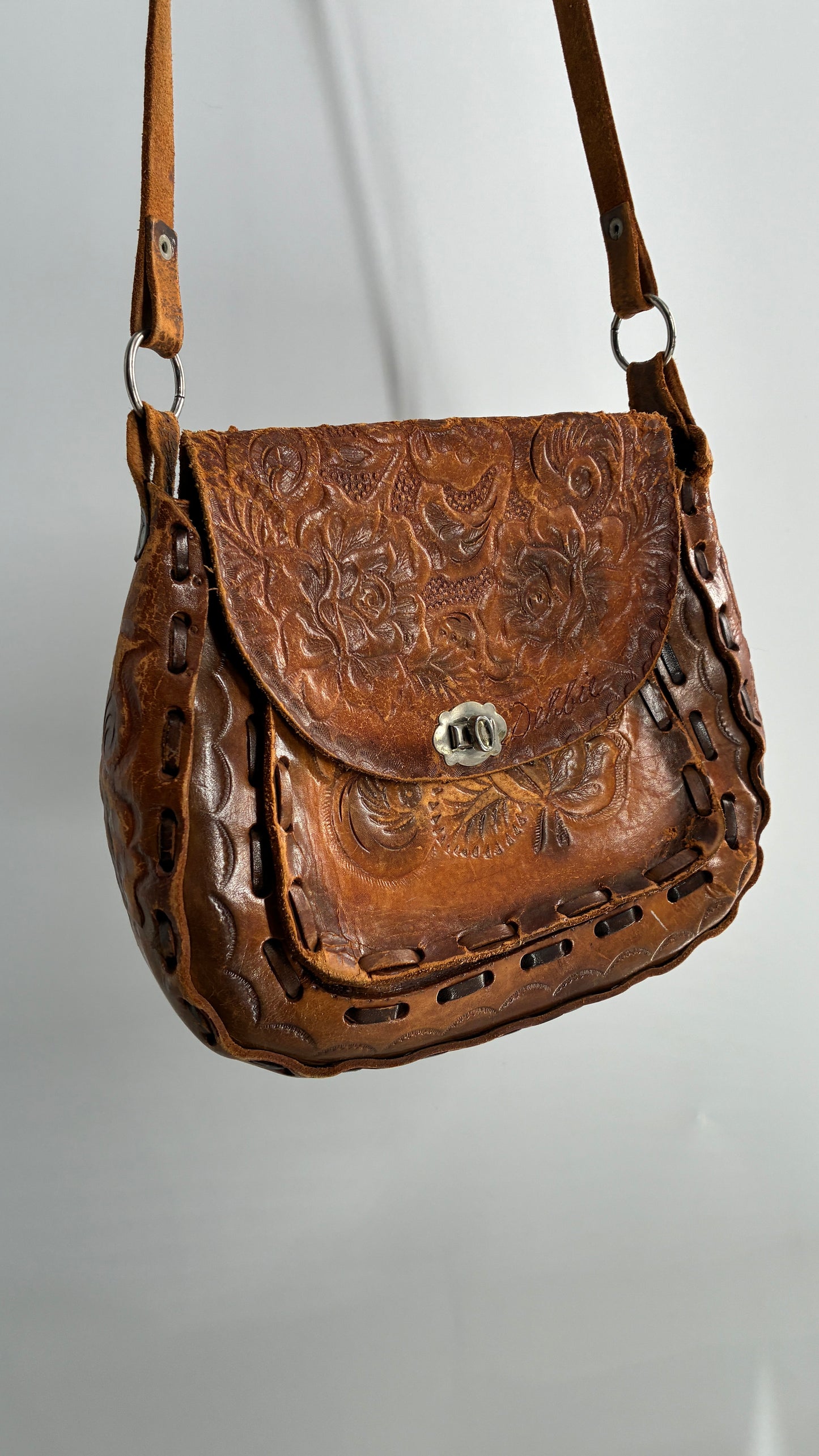 Vintage Made in Mexico Rose Embossed Leather Satchel Bag with Debbie Signature
