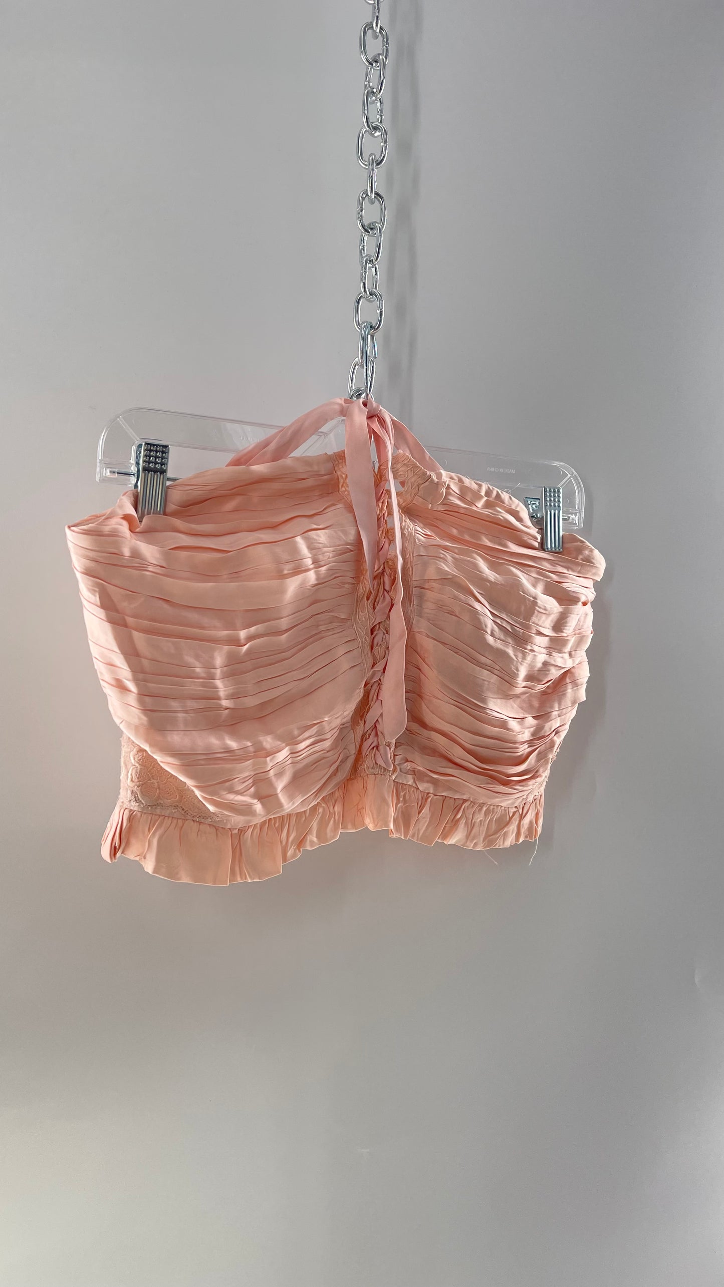Free People Pink Viscose Pleated Tube Top with Ribbon Lace Up Bodice, Embroidered Flower Detail, and Ruffled Hem (Large)