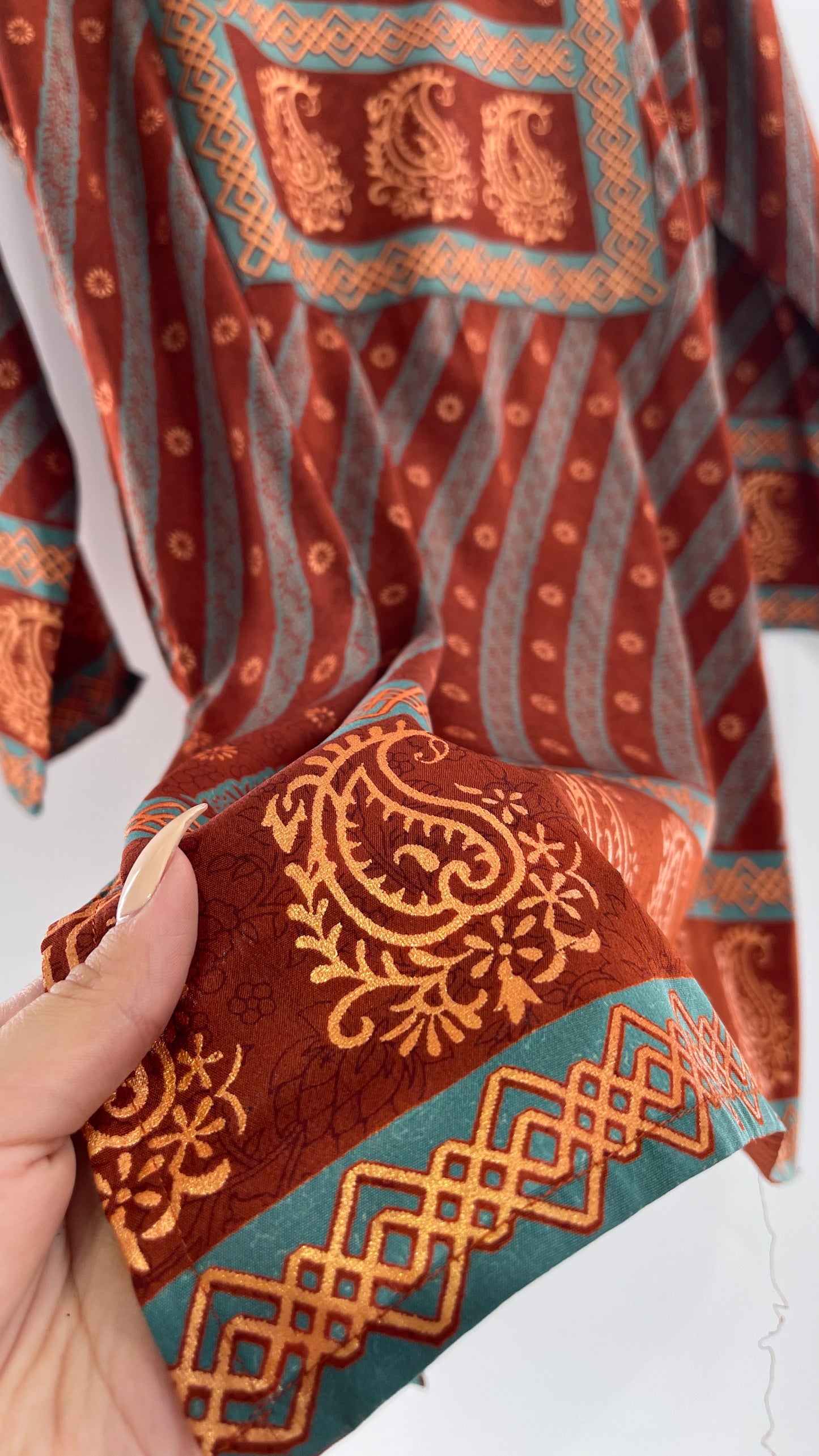 Vintage 1970s Indian 100% Silk Tunic Burnt Orange, Teal and Gold (40)