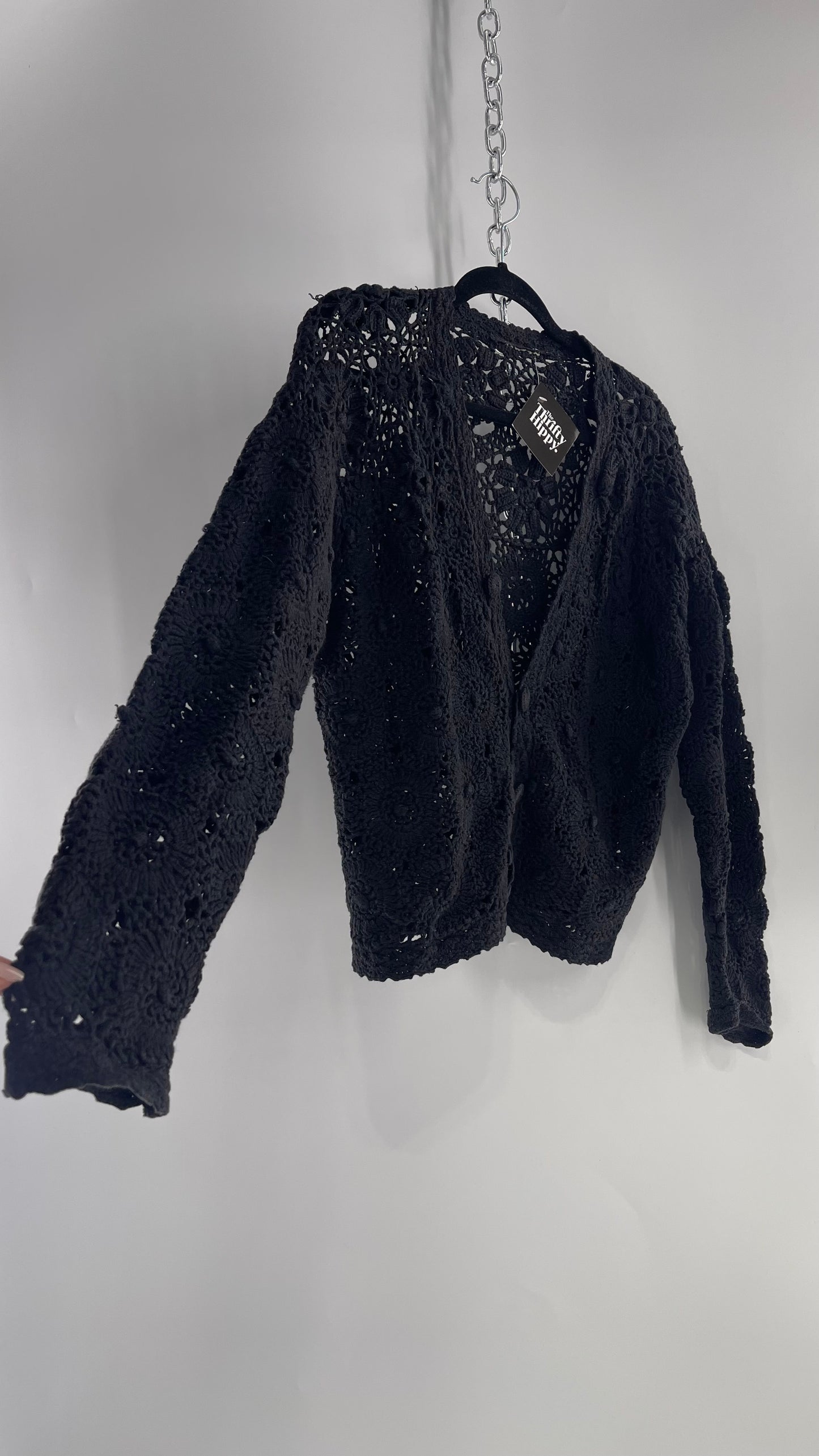 Vintage Black Handmade Crochet Cardigan (Medium)