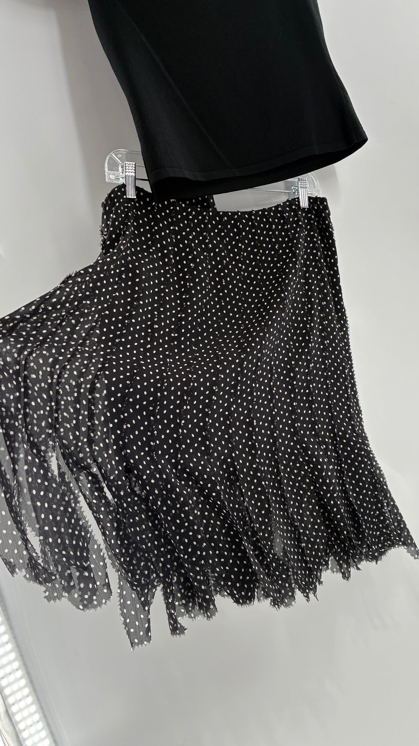 Vintage DANA BUCHMAN 100% Silk Polka Dotted Fringe Skirt and Off the Shoulder Top (Medium)