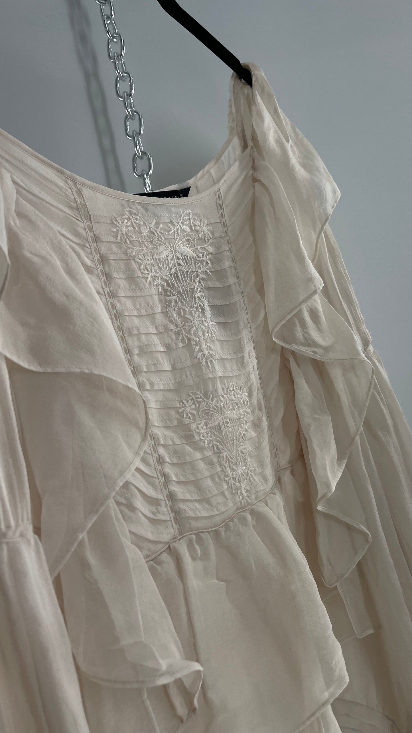 ZARA Ruffled and Embroidered Bell Sleeve Blouse (Large)