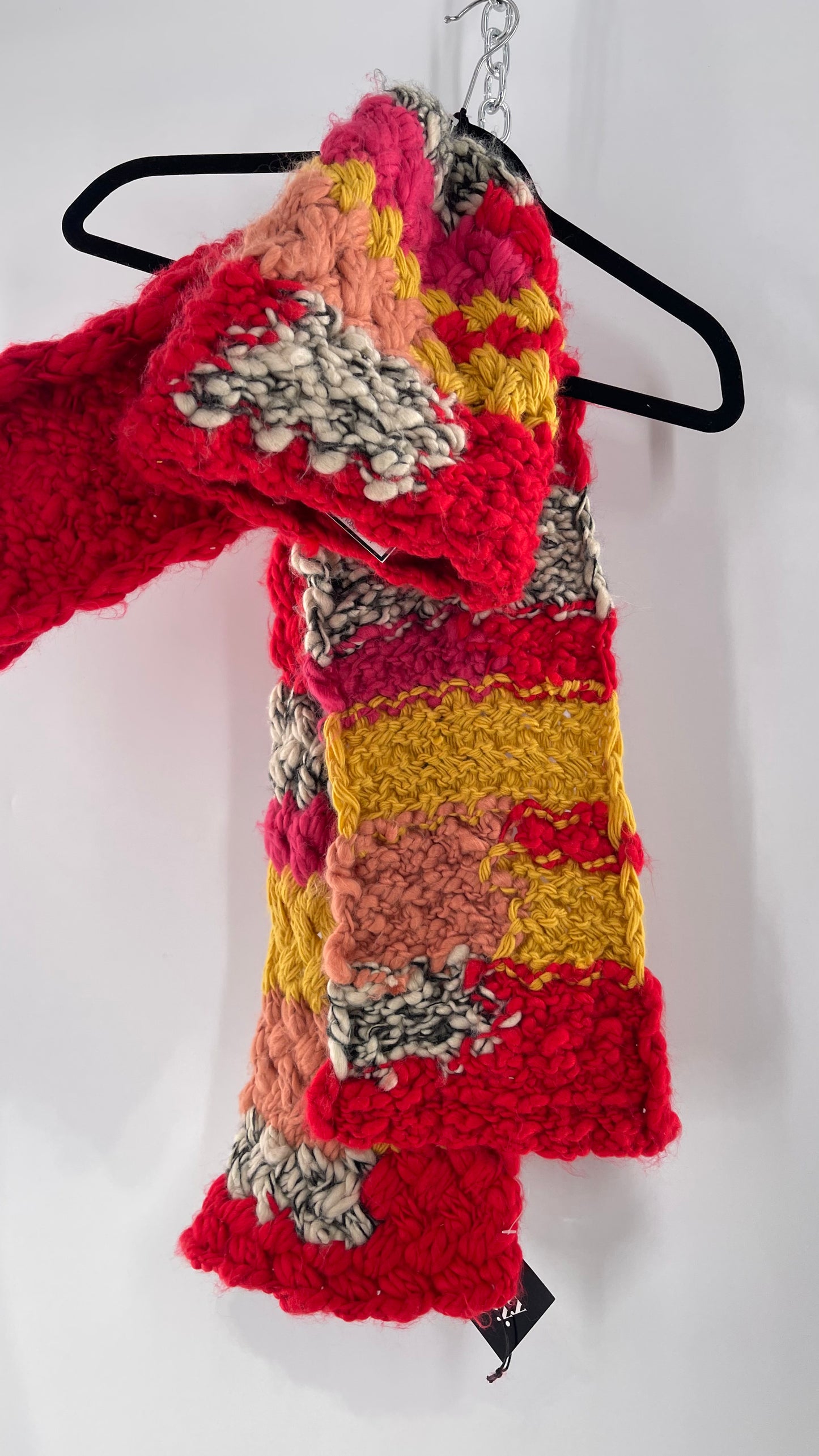 Anthropologie Hand Knit Red/Peach/Yellow Scarf and Beanie Set