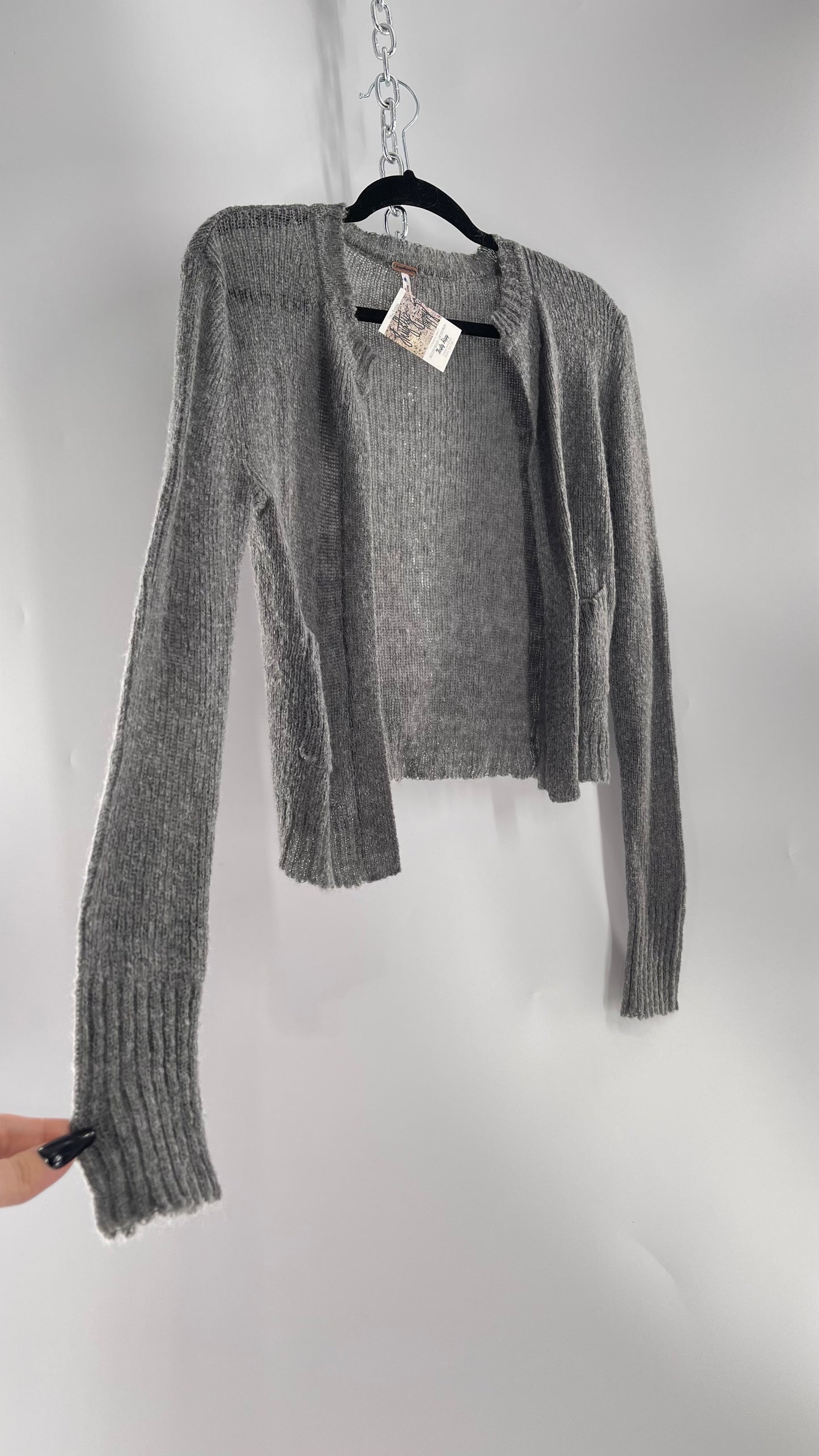 Free People Gray Pocketed Cropped Cardigan (XS) 29% Mohair 21% Wool