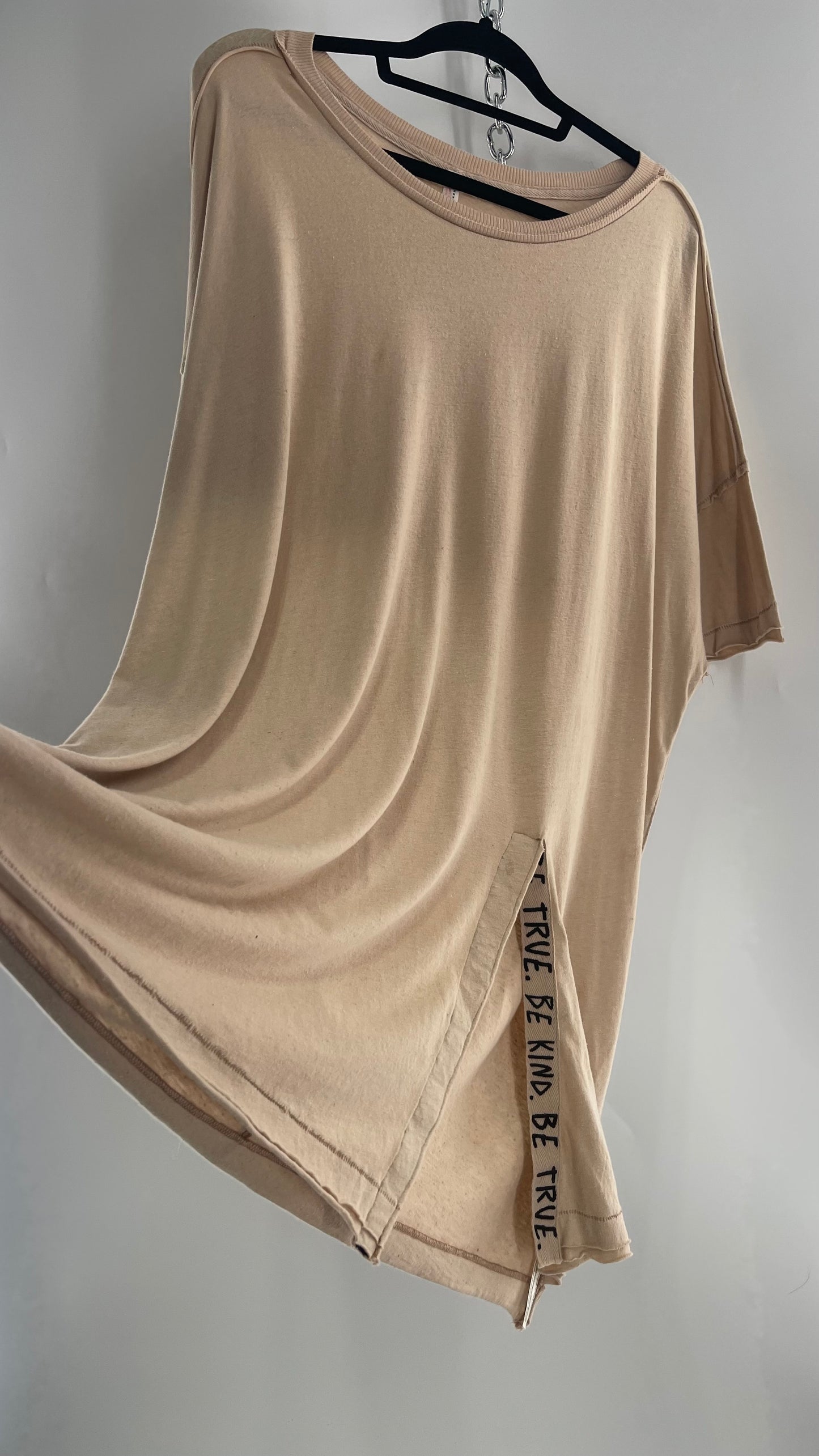 Free People Movement Oversized Light Beige Short Sleeve T-Shirt with Slit Embroidered Detail (Size XS)