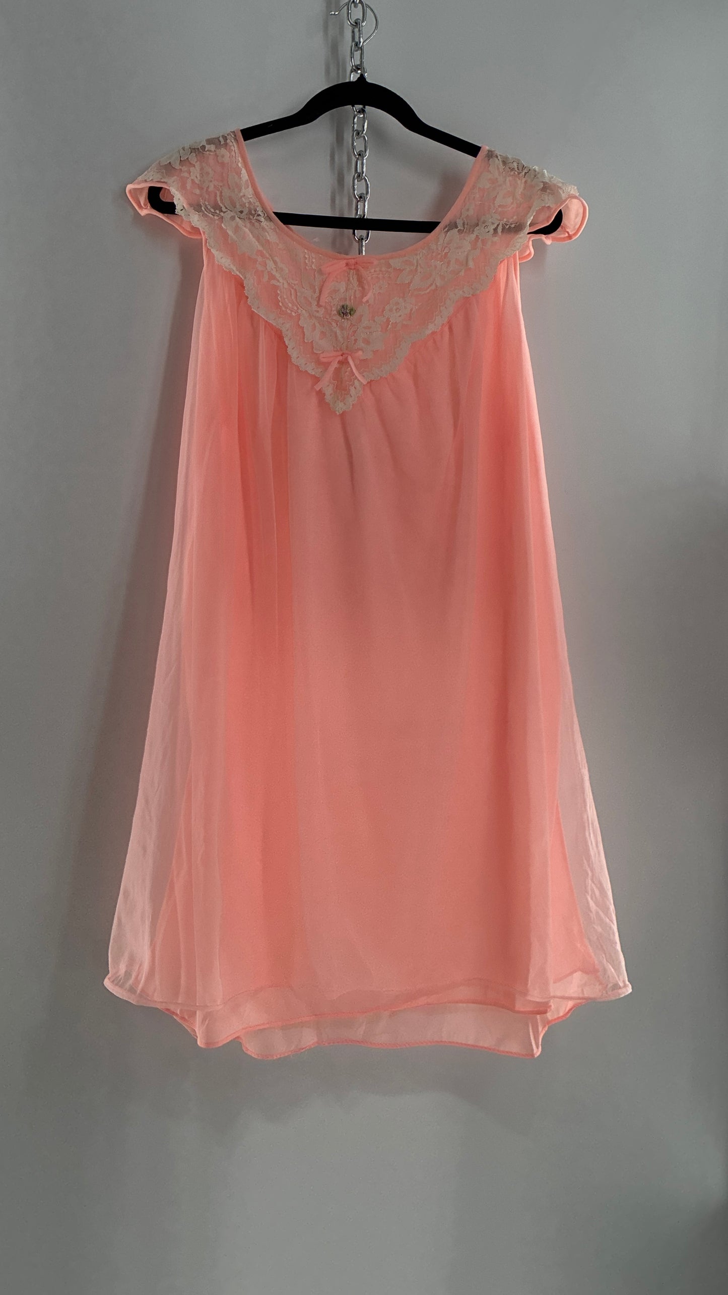 Vintage Neon Pink Babydoll Mini with Lace Sailor Style Neckline with Bows and Embroidery (48)