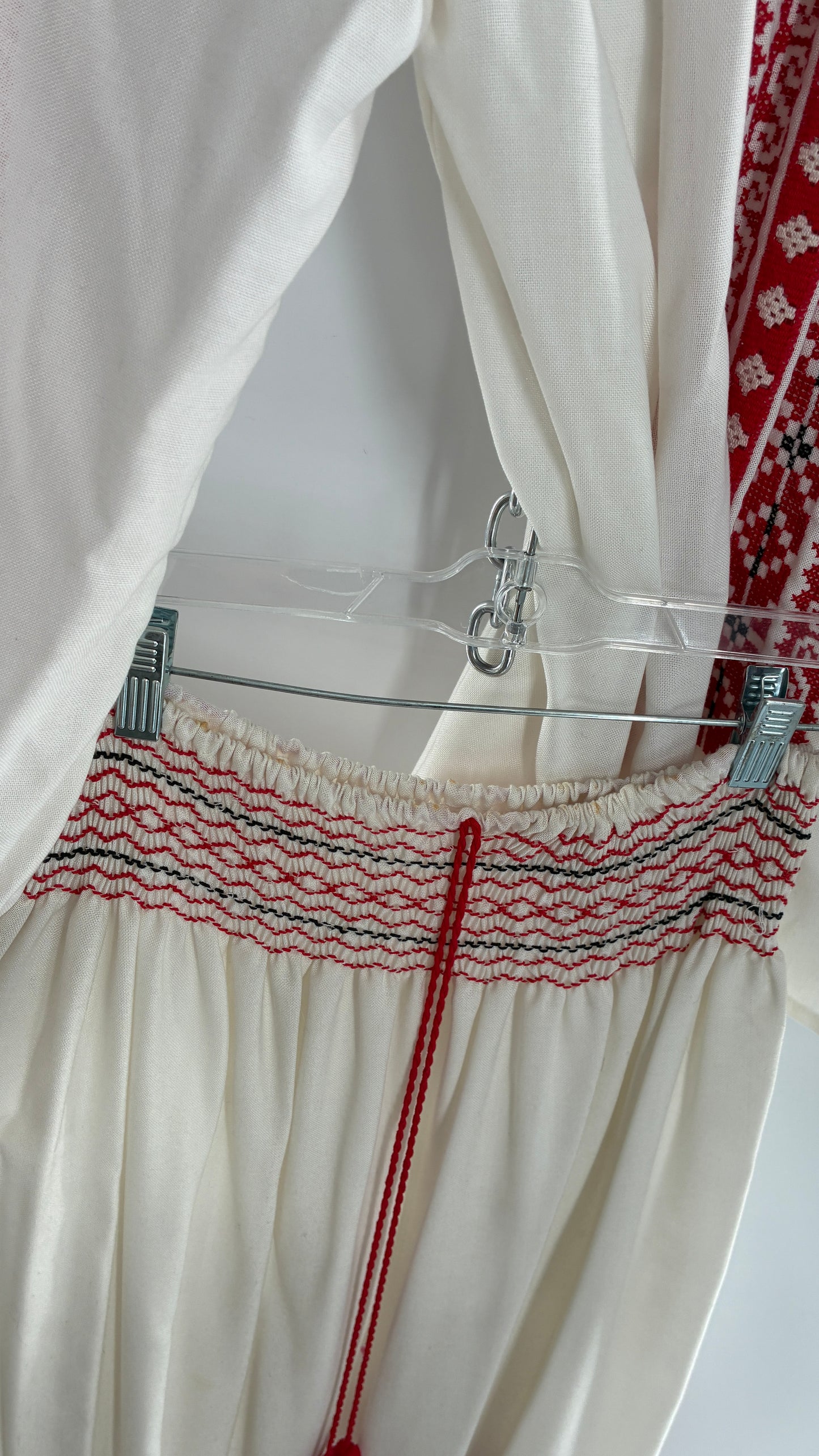 Vintage 1970s LUX FOLKLOR Budapest Handmade Cotton Long Sleeve and Skirt Covered in Red Embroidery and Stitching