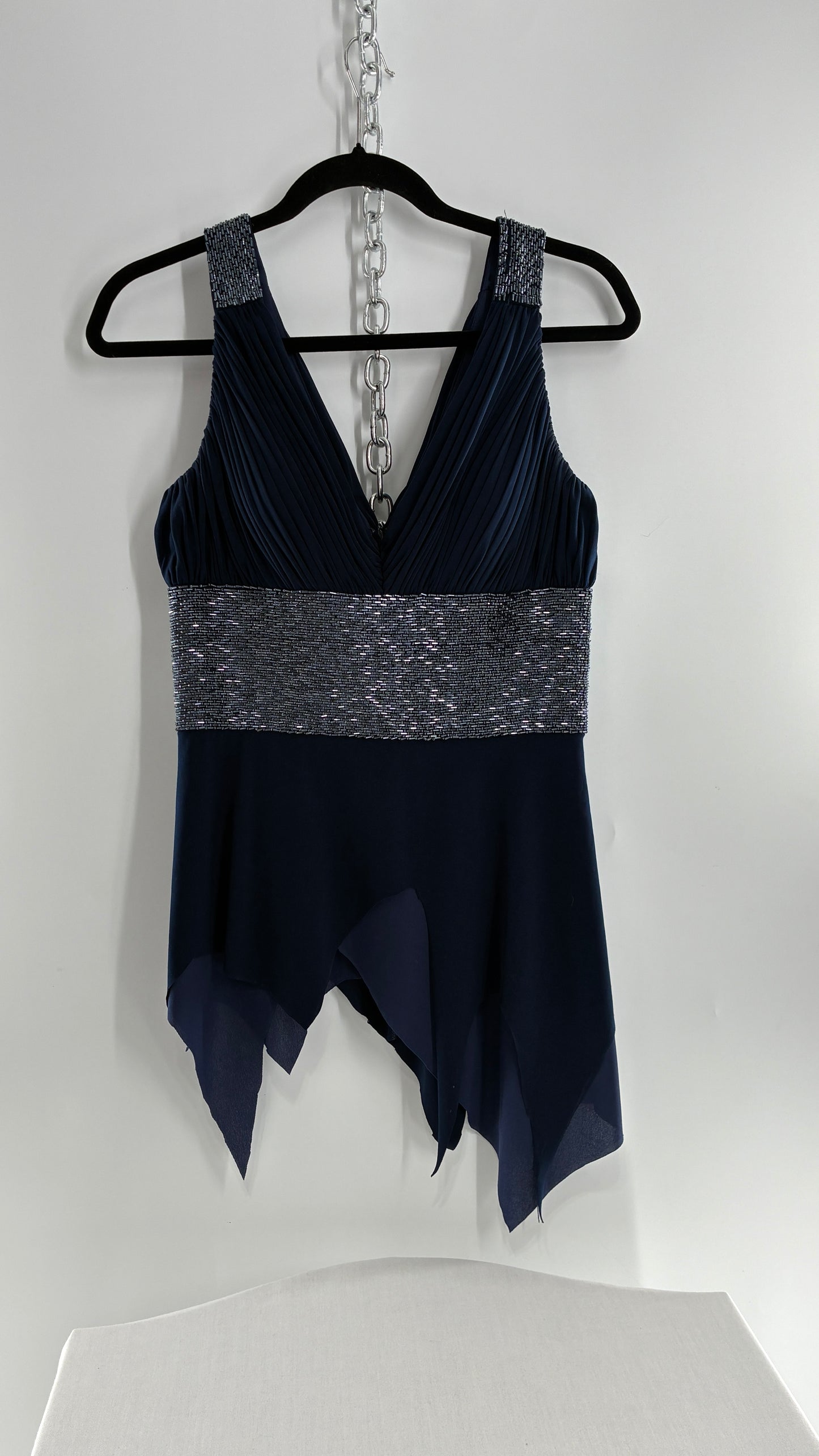 Vintage JS Boutique 1990s Navy Blue Chopped Handkerchief Hem, Beaded Underbust Panel and Pleated Bust (6)