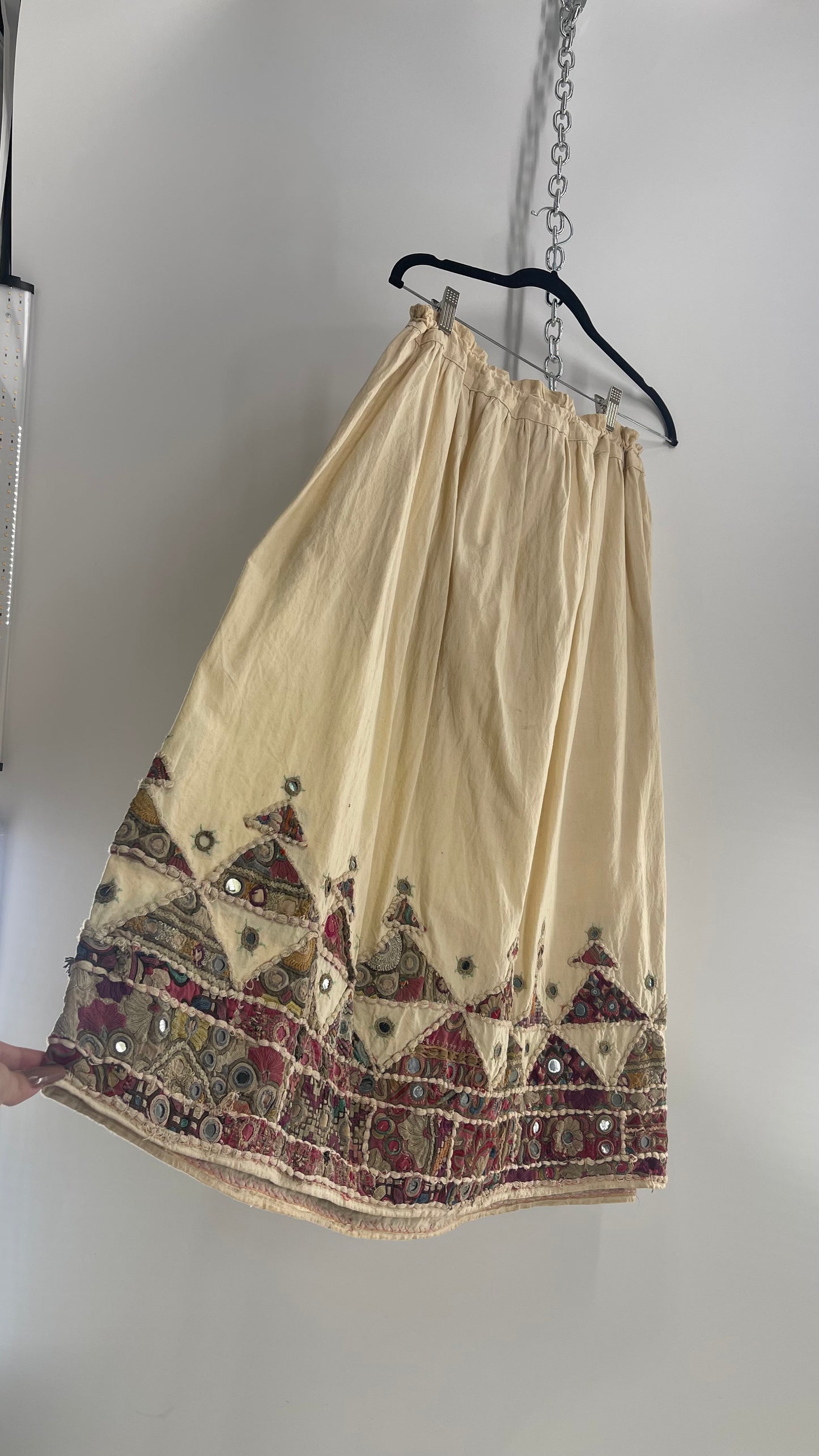 Vintage Imported Hand Stitched Skirt with Embroidered, Patchwork and Mirror Details (S/M Drawstring Waist)