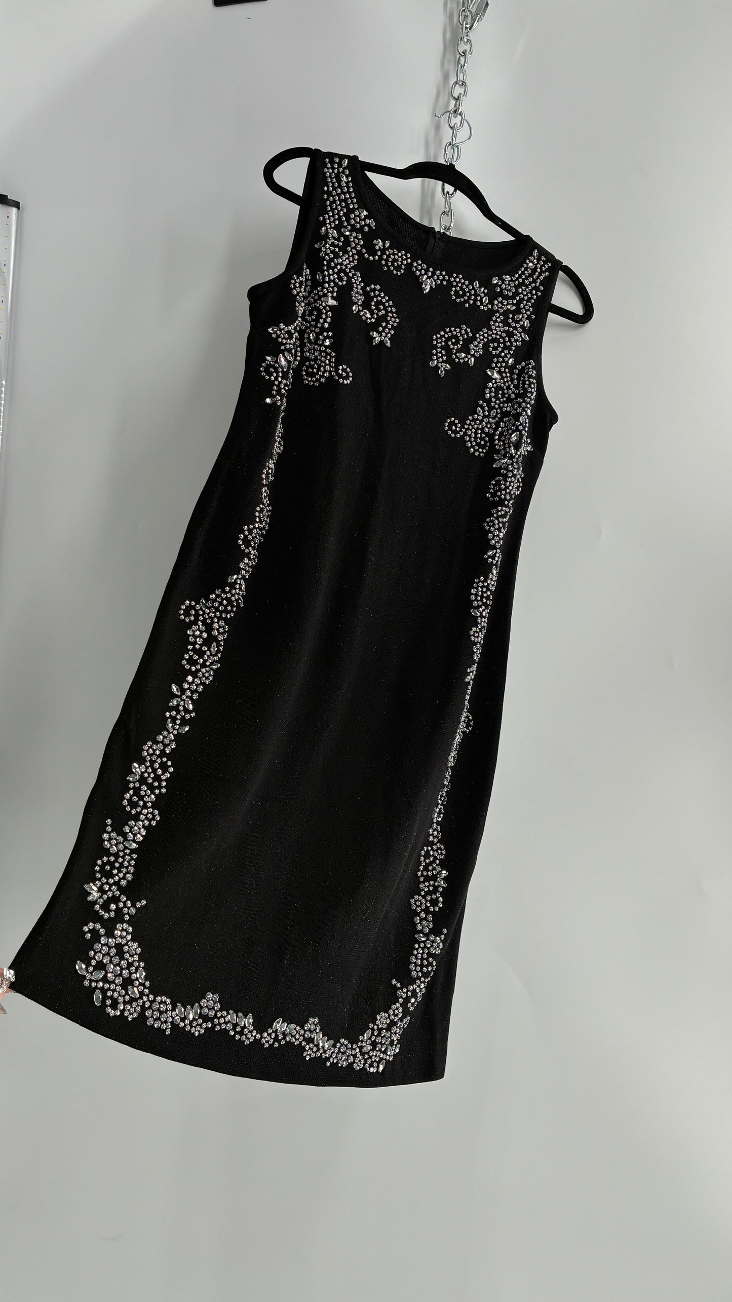 Vintage ST JOHN Black Metallic Wool Knit Dress with Silk Blend Lining and Rhinestone Embellishments (6)