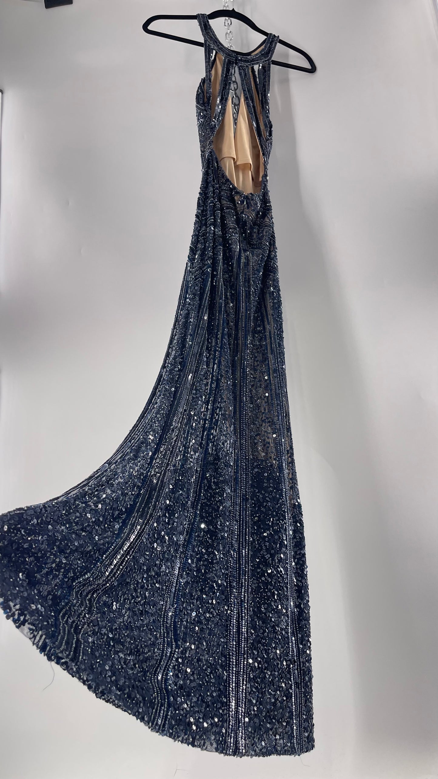 Vintage SCALA Navy Blue Beaded Floor Length Gown with Plunging Neckline, Backless Detail, and Tan Underlay (C)(4)