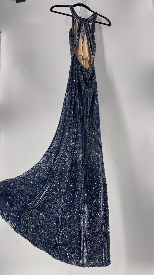Vintage SCALA Navy Blue Beaded Floor Length Gown with Plunging Neckline, Backless Detail, and Tan Underlay (C)(4)