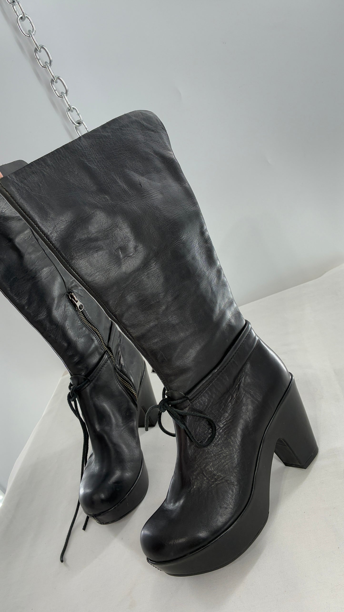 Vintage KORK EASE Black Genuine Leather Platform Clog, Knee High Boots (8/39)