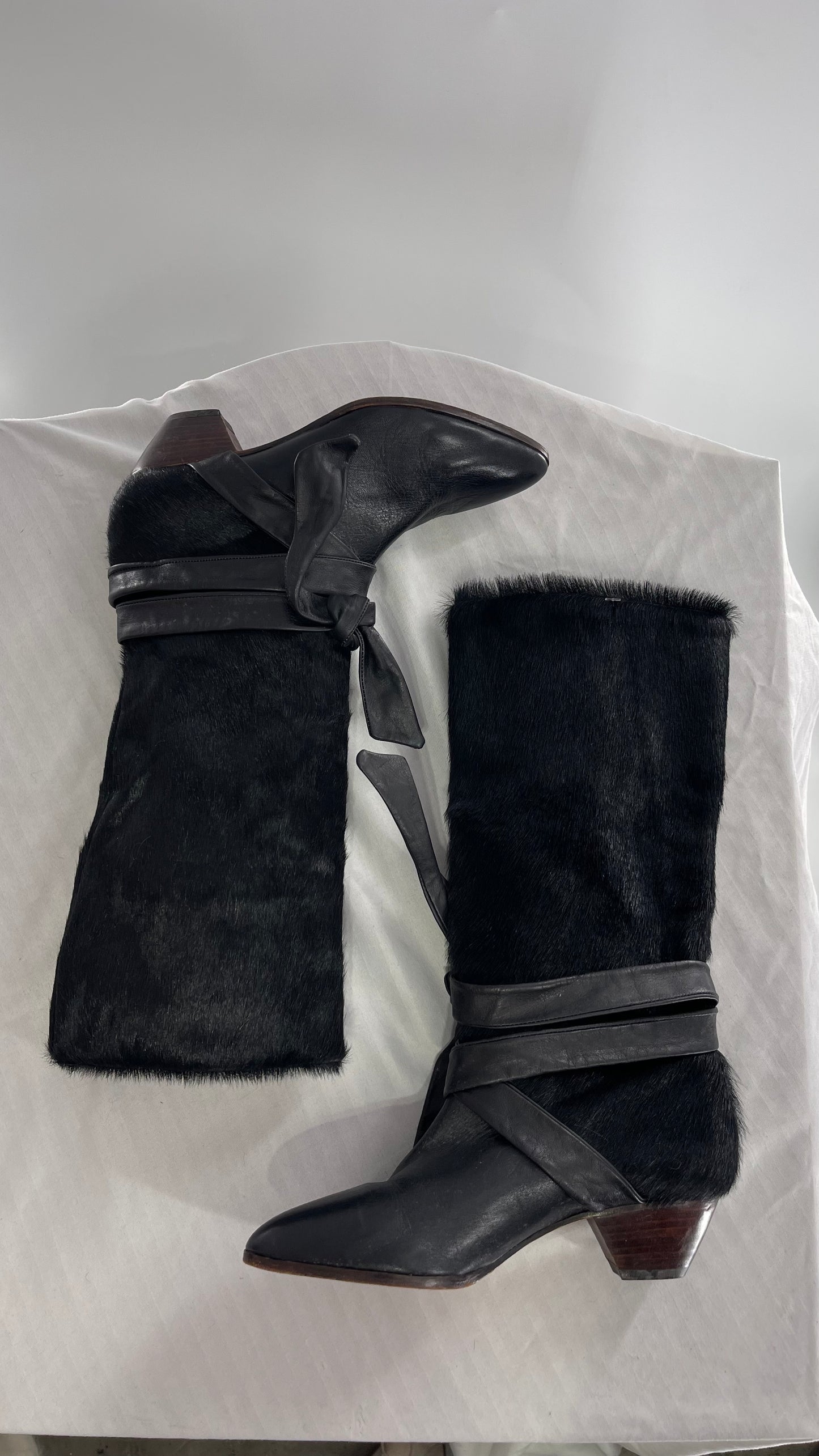 Vintage Nickels Black Italian Fur Boot with Leather Straps (7)