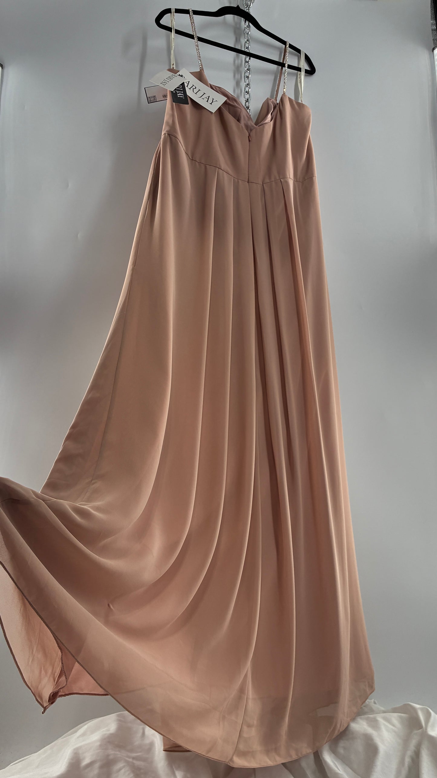 Vintage BARI JAY Nude/Blush Pink Full Length Dress with Embellished Straps and Side Slit Detail (16W)
