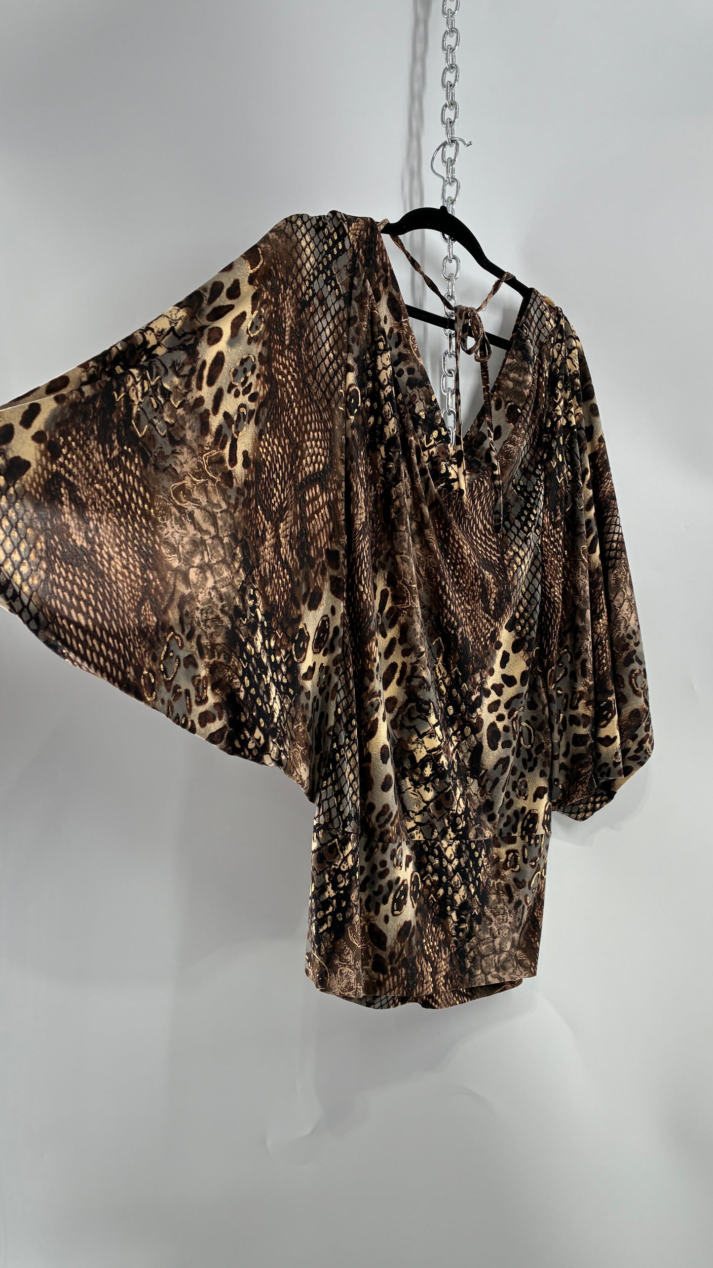 Vintage ZIZZI Metallic Animal Print Mini Dress with Draping Sleeves and Rhinestone Neckline (Large)