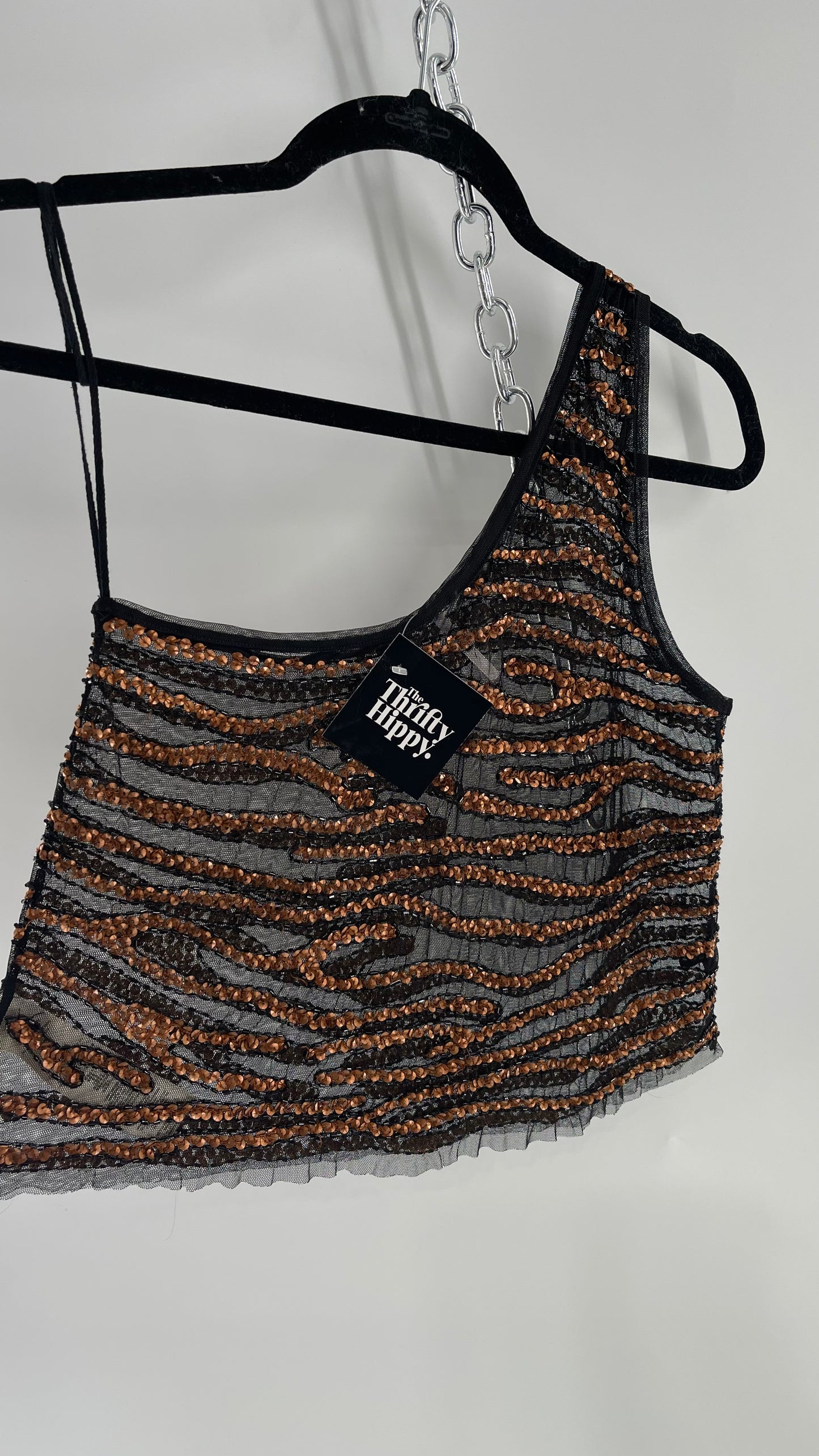 Free People Black Mesh One Shoulder Blouse with Copper Zebra Patterned Sequins (XS)
