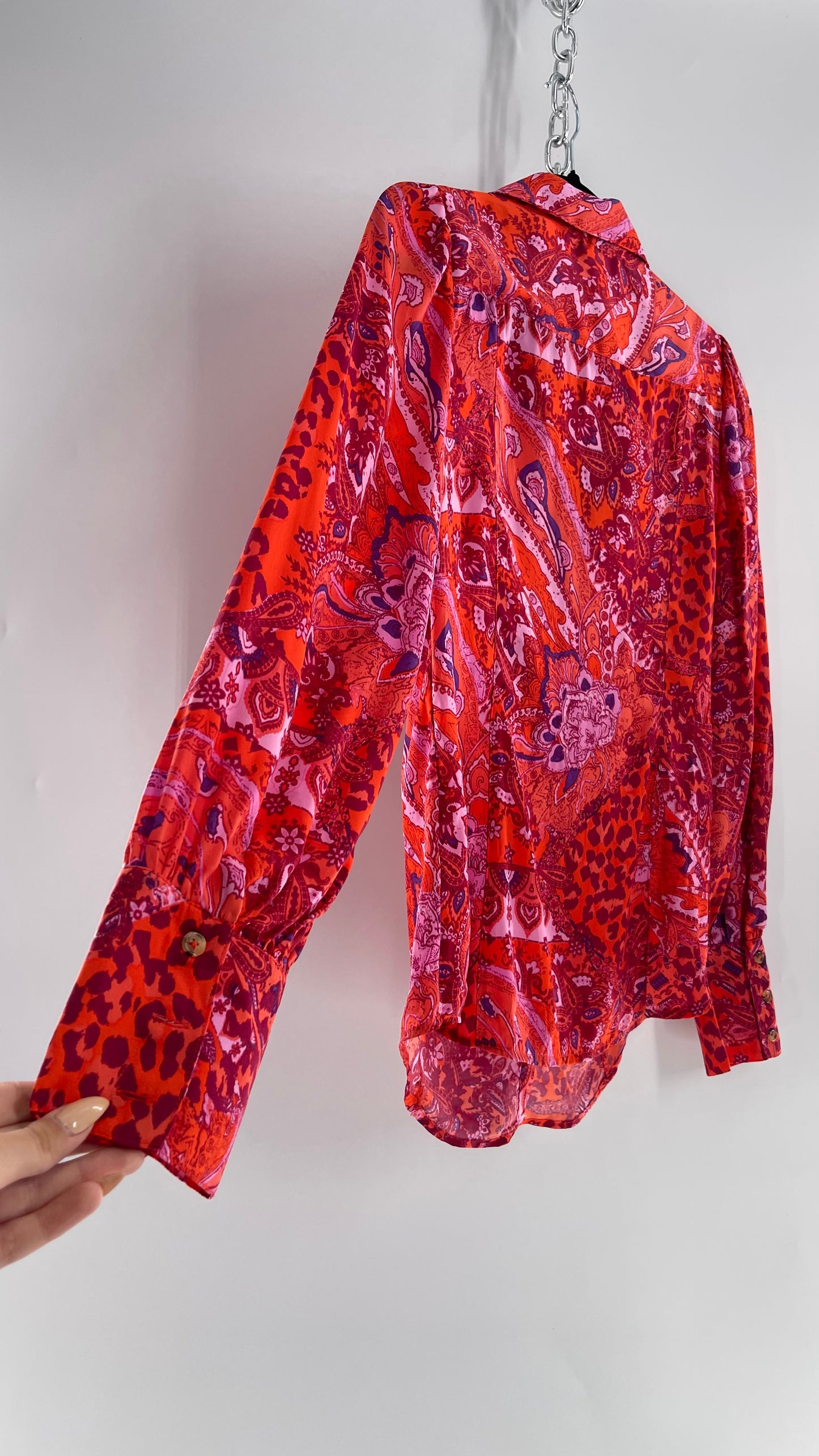 Free People Red, Neon Orange Leopard Paisley Patterned Button Front(Medium)