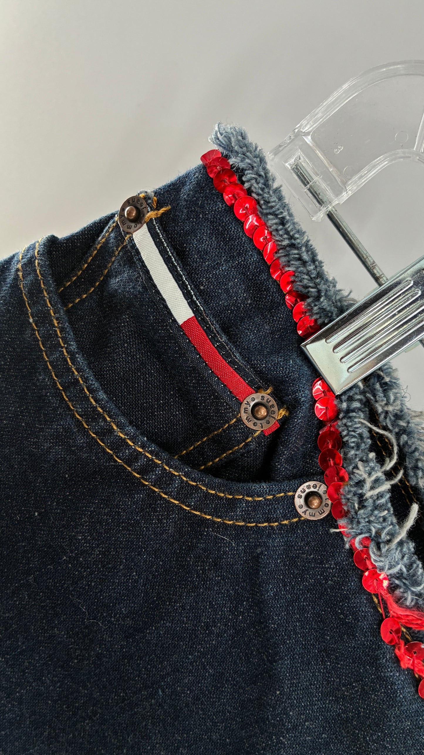 Vintage Tommy Hilfiger Low Rise Jeans with Frayed Waist Lined in Red Sequins (7)