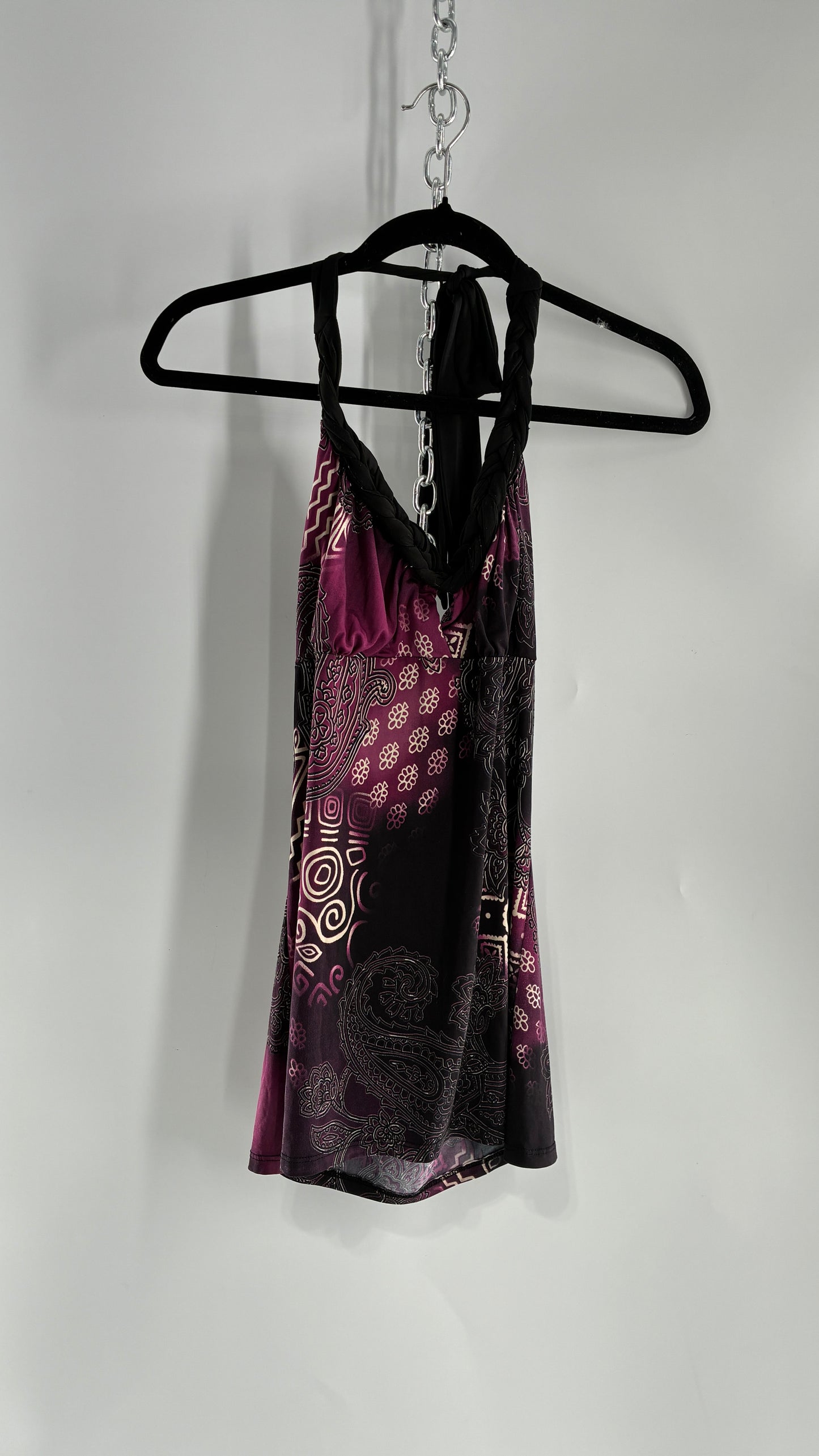 Vintage RUE 21 Purple Braided Halter Black and Purple Graphic (Large)