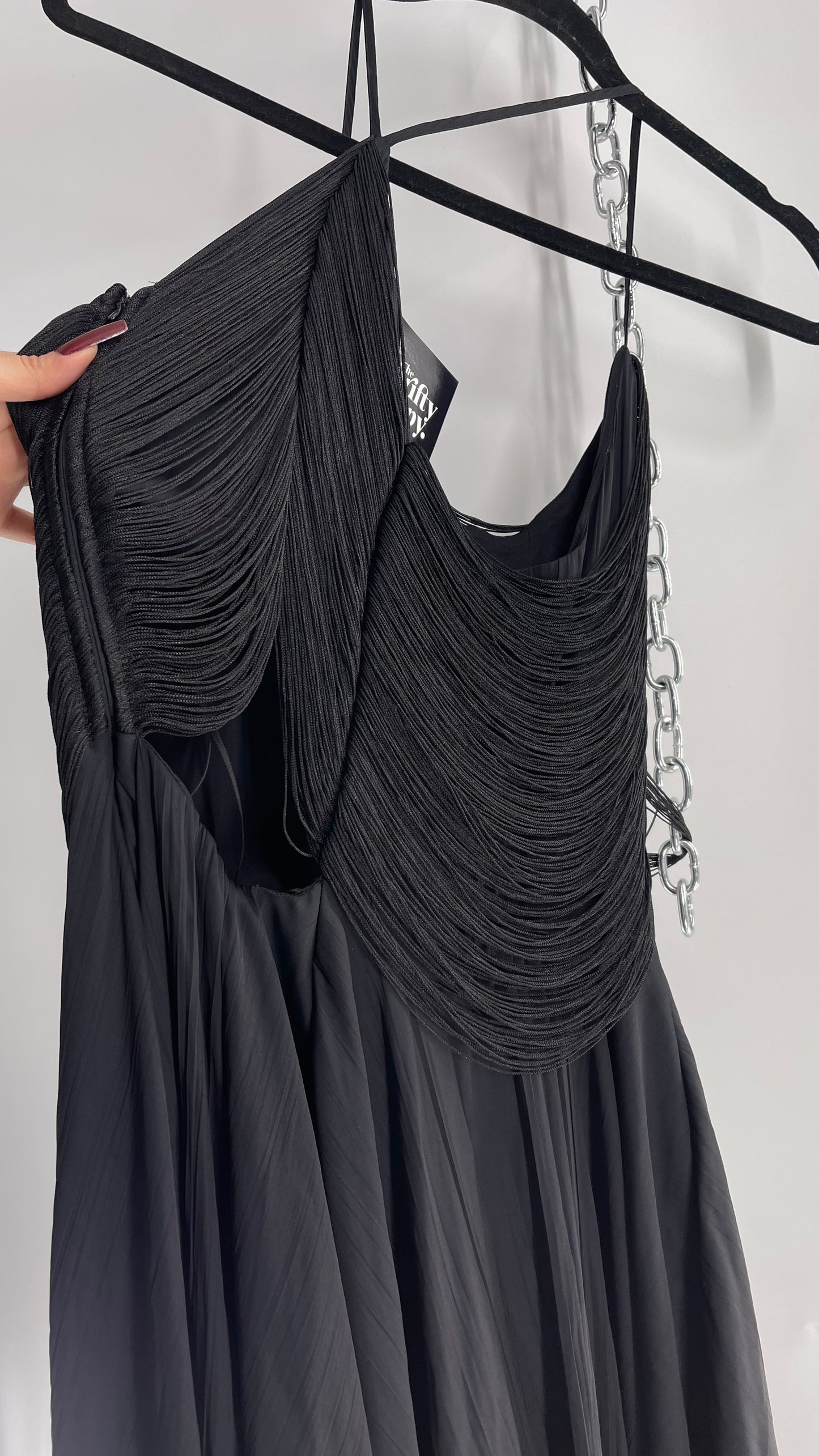 Anthropologie Black Handkerchief Hem Midi Dress with Heavy Draped Rope Bodice (4)
