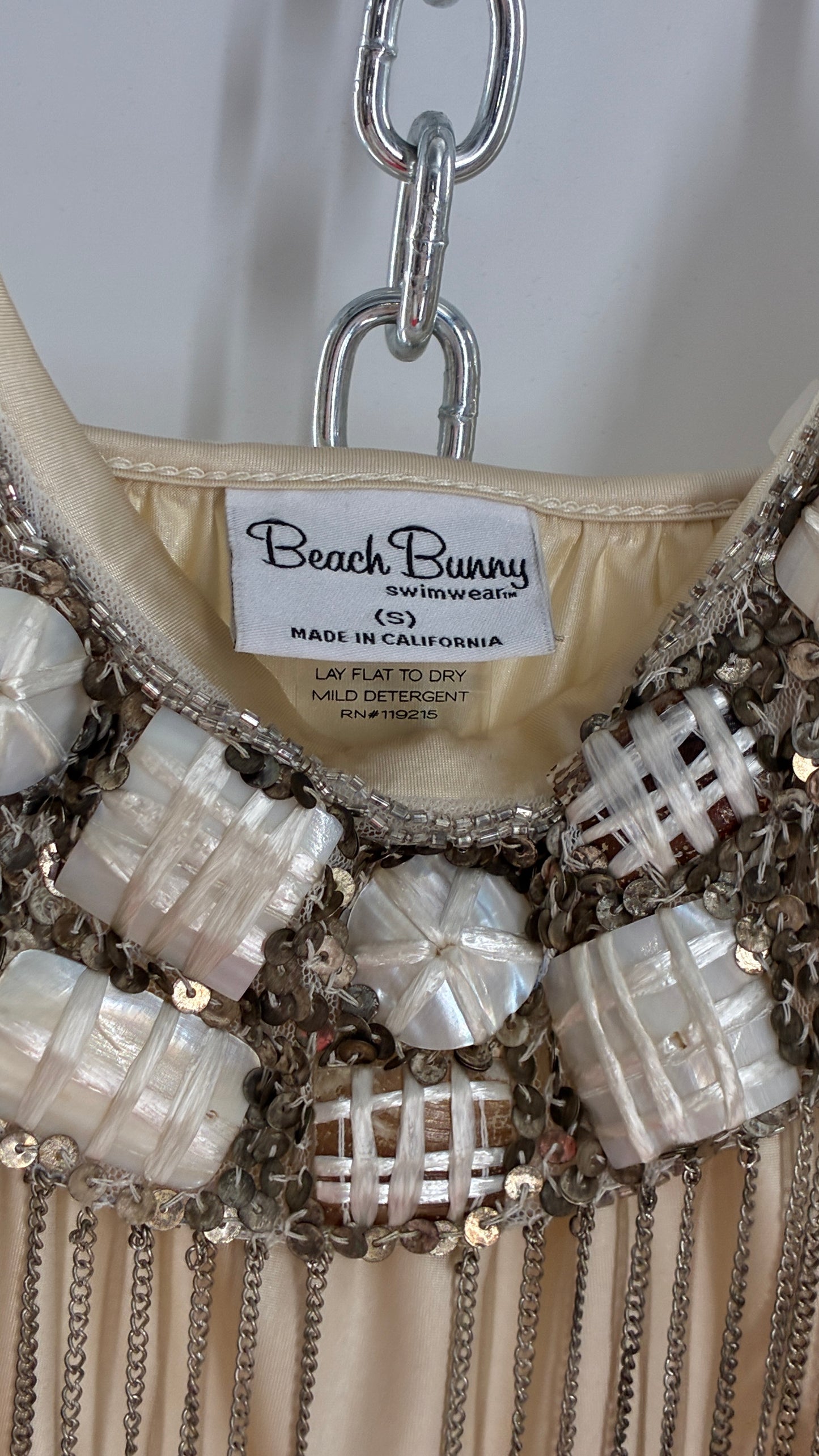 Beach Bunny Ivory Lycra Balloon Hem Mini Dress with Exaggerated, Beaded and Metal Chain Neckline (Small)