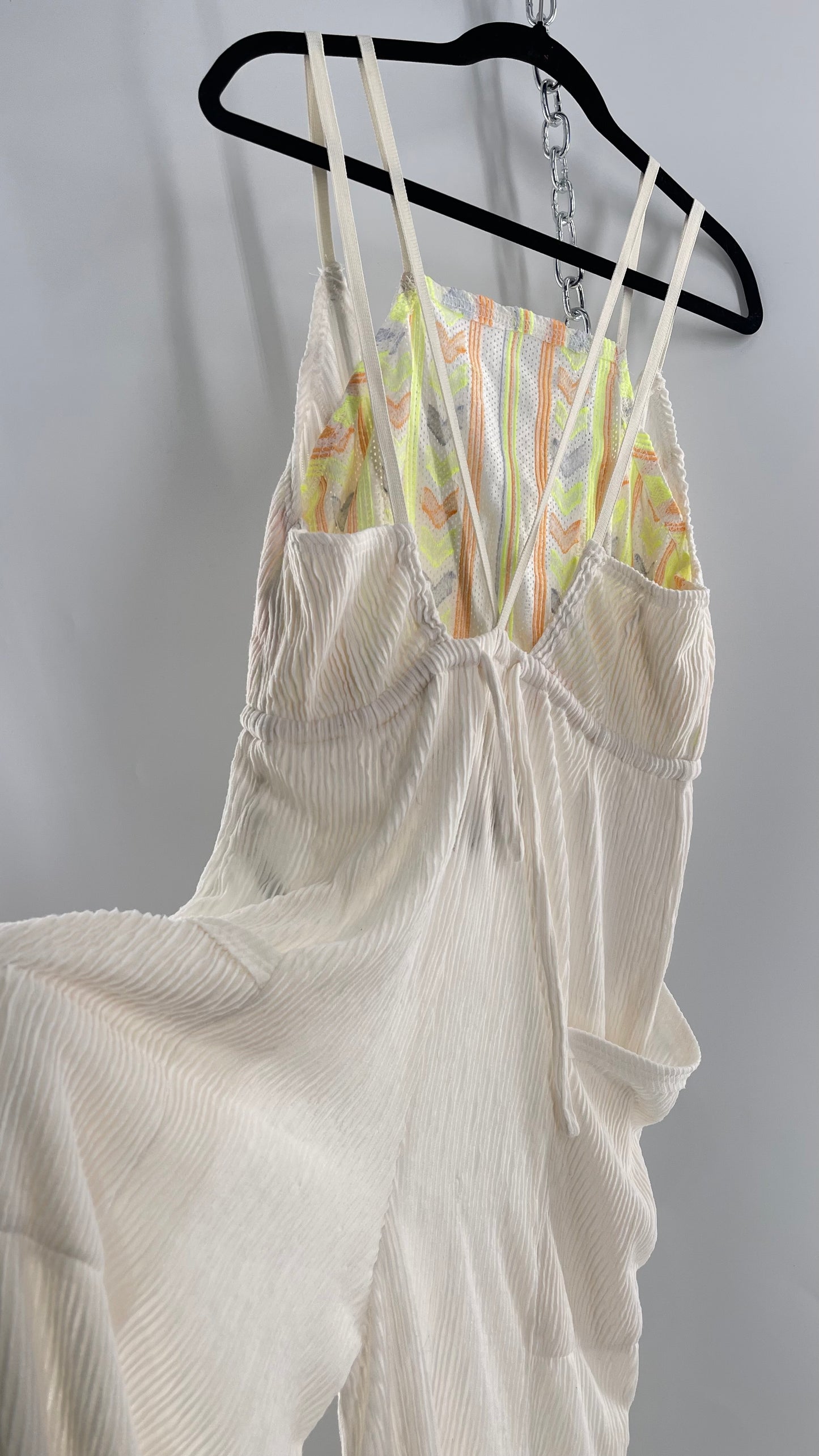 Free People Movement Cream Ribbed Jumpsuit with Yellow/Orange Embroidered Details and Waist Cinching Drawstring (Small)