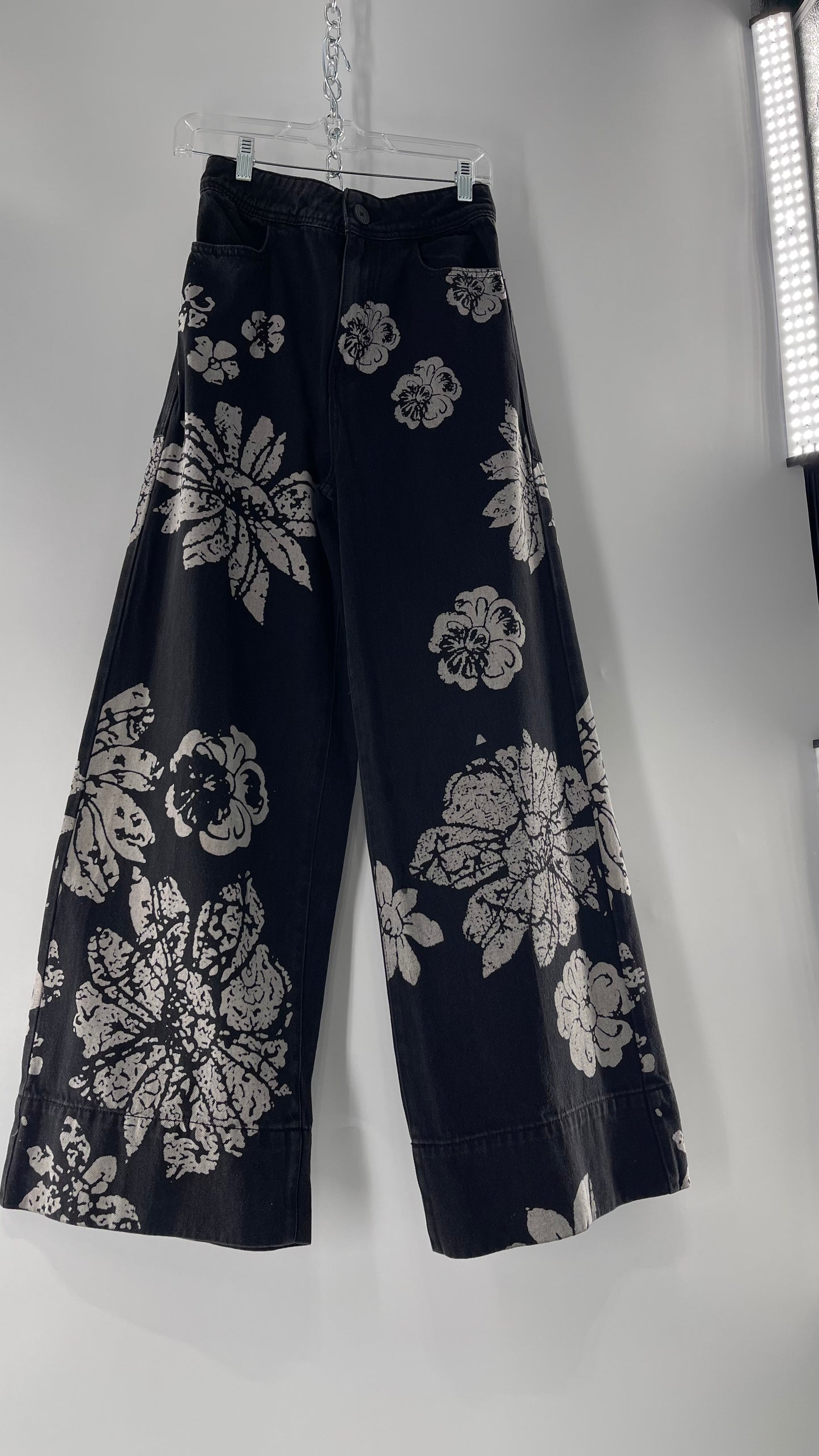 Free People Black Wide Leg Jeans with White Hibiscus Floral Design (29)