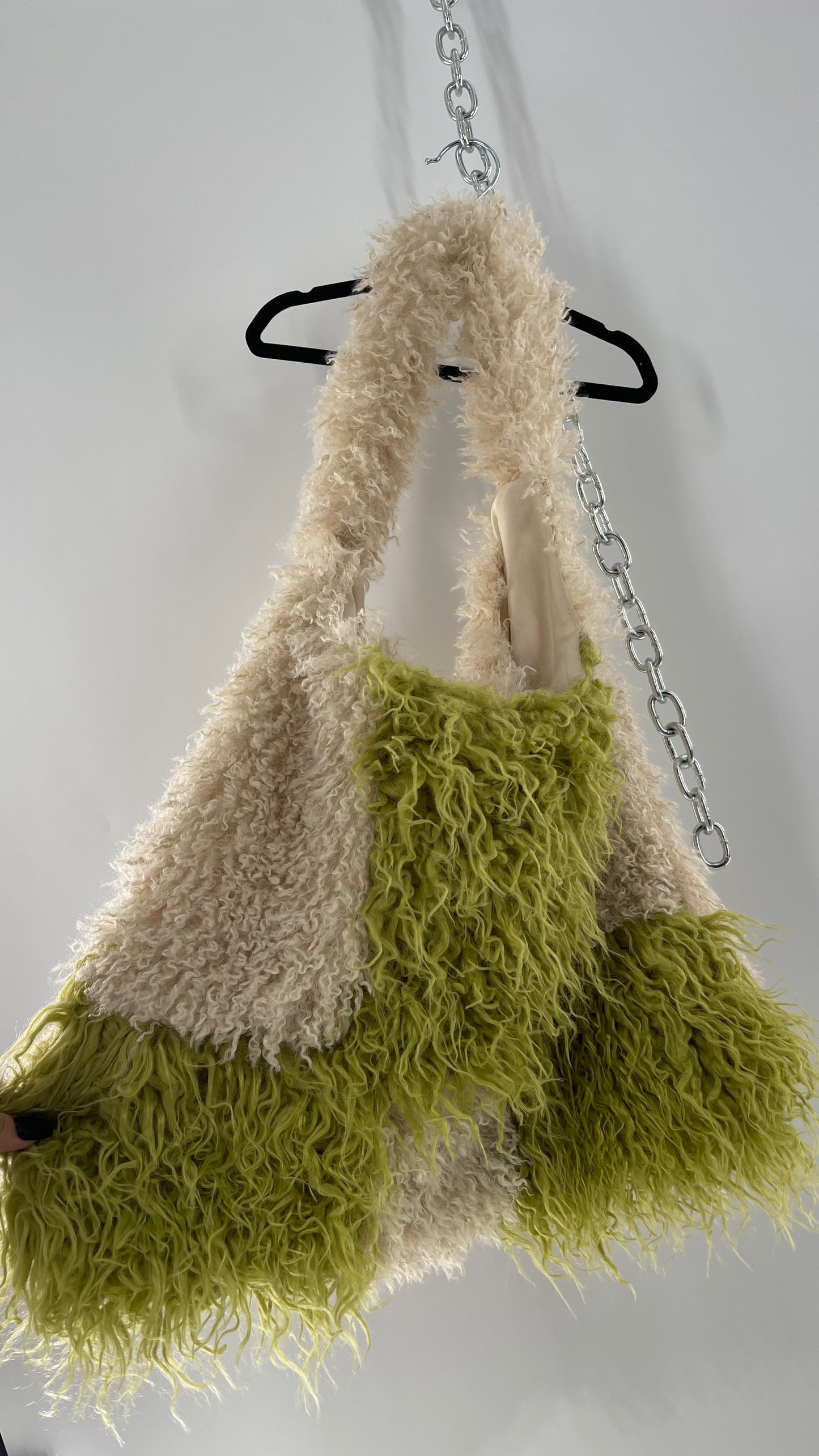 Free People Shaggy Green Beige Checkered Tote