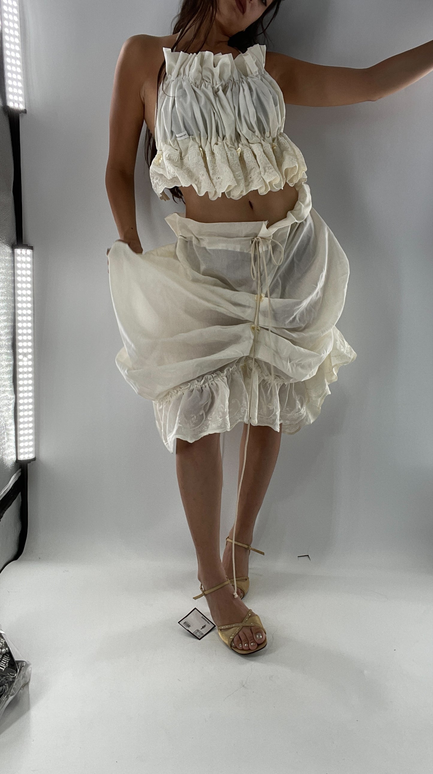 Custom Vintage Cottage Off White Set with Ruched/Scalloped Lace/Backless Top and Draping/Ribbon Skirt (One Size)