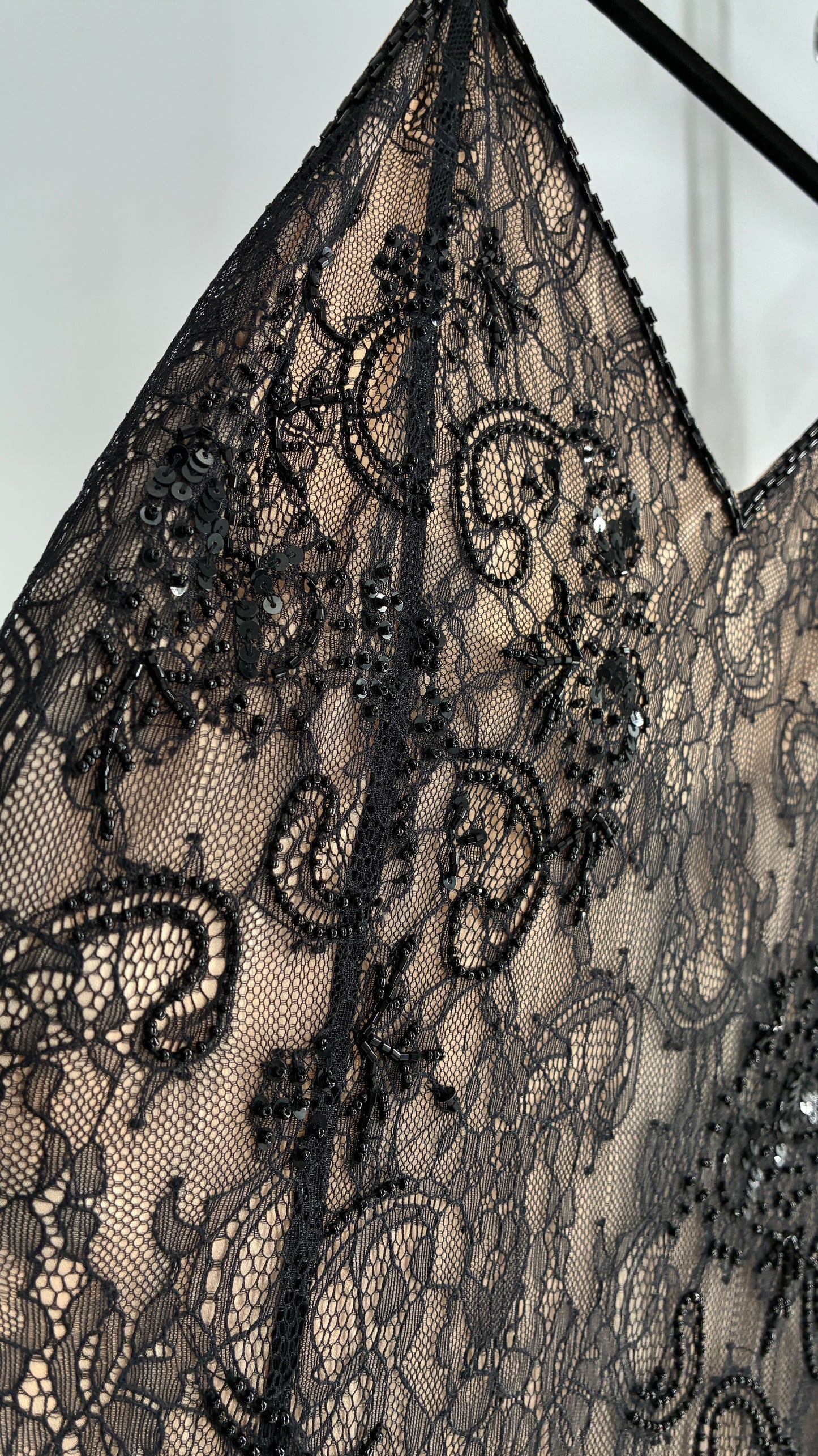 Vintage Haute Hippie Black Lace Nude Underlay Dress with Pointed Heavily Beaded Fringe Hem (2)