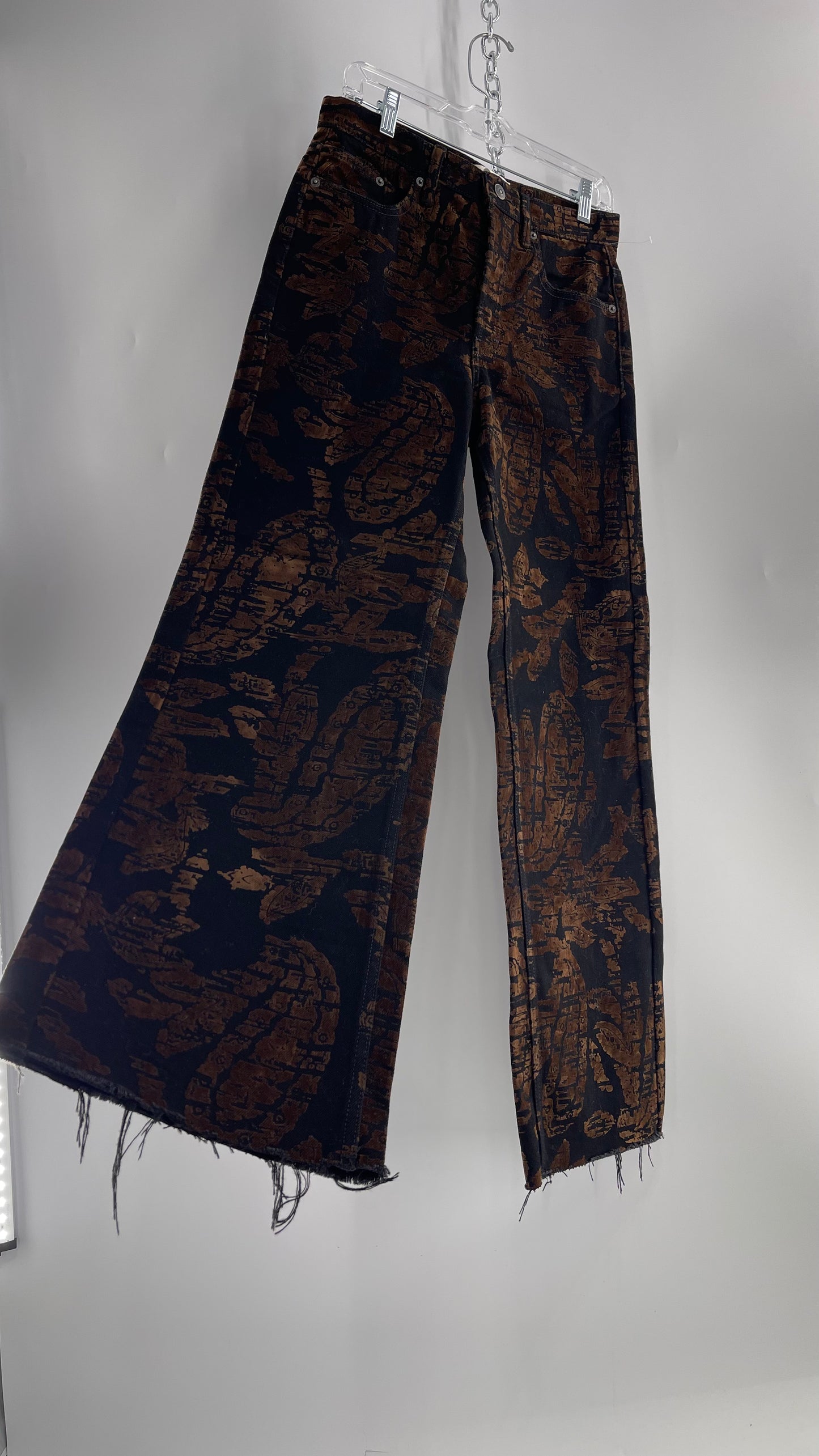 Free People Black/Brown Velvet Texture Graphic Straight Legs with Raw Edge Hem and Tags Attached (28)