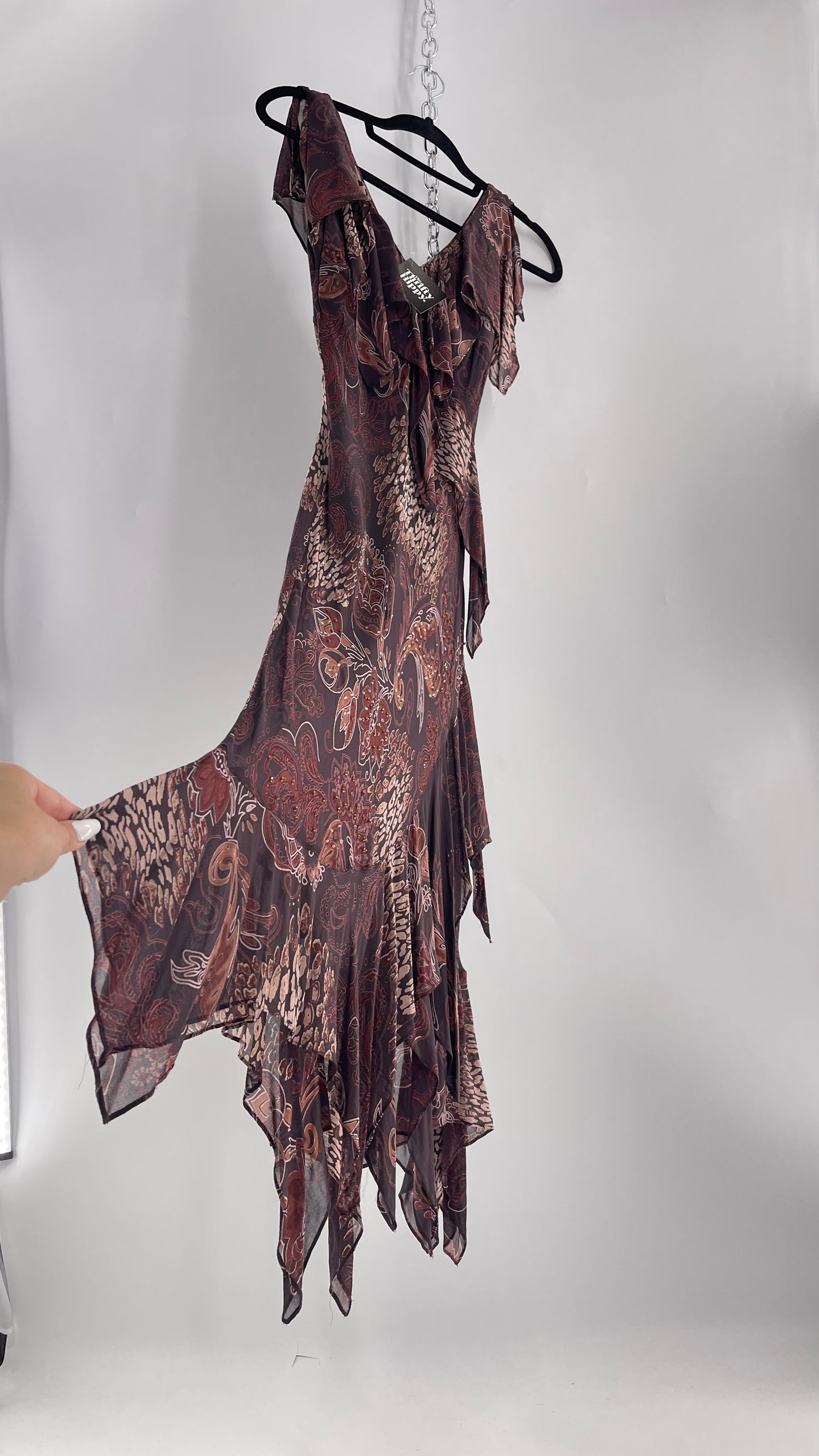 Vintage 90s EVA BLUE Brown MIDI dress with beading and Handkerchief Fairy Hem (10)