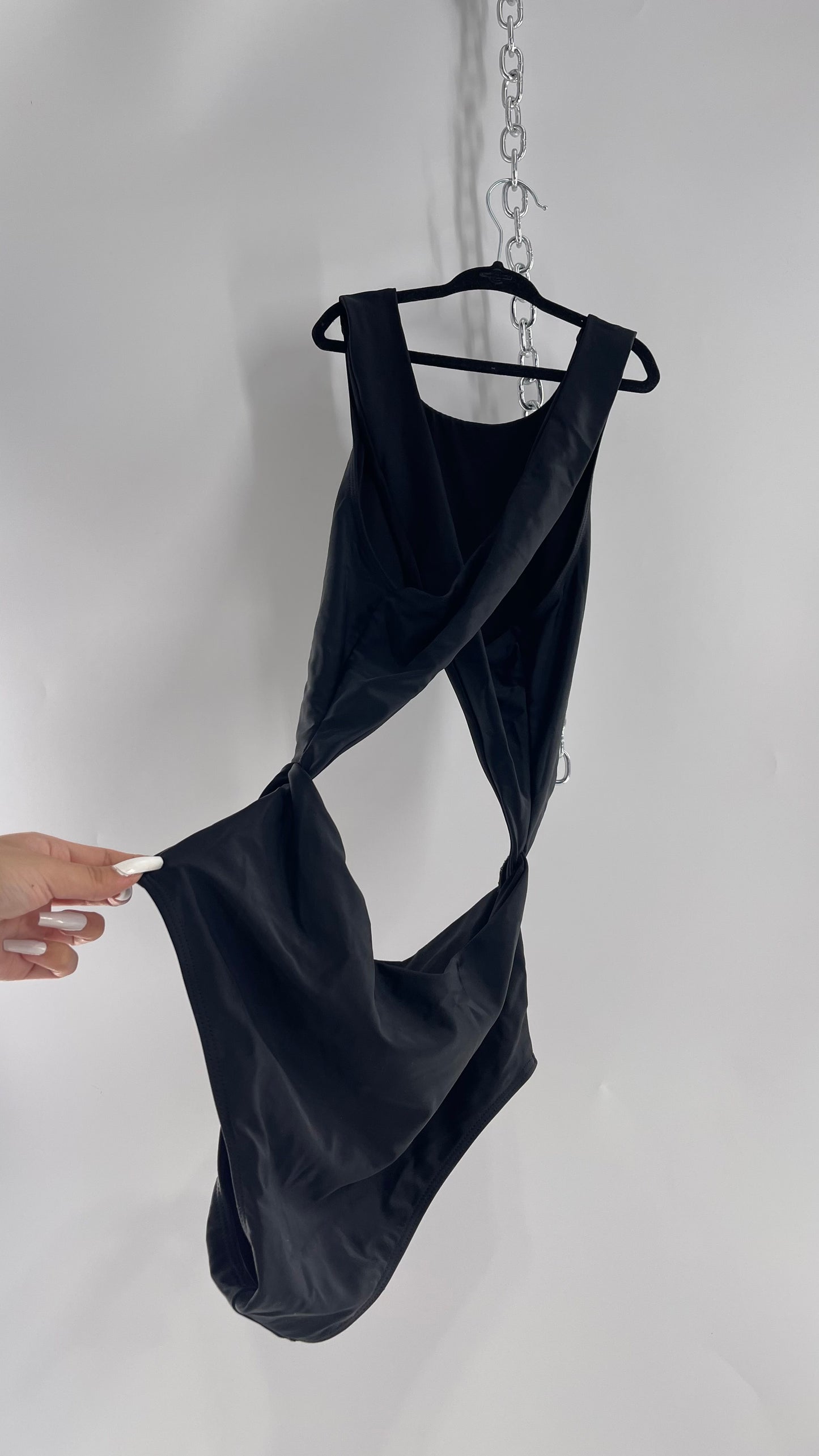 Lolli Swim Black Swimsuit with High Neck, Cross Over Back and Cut Outs (Medium)