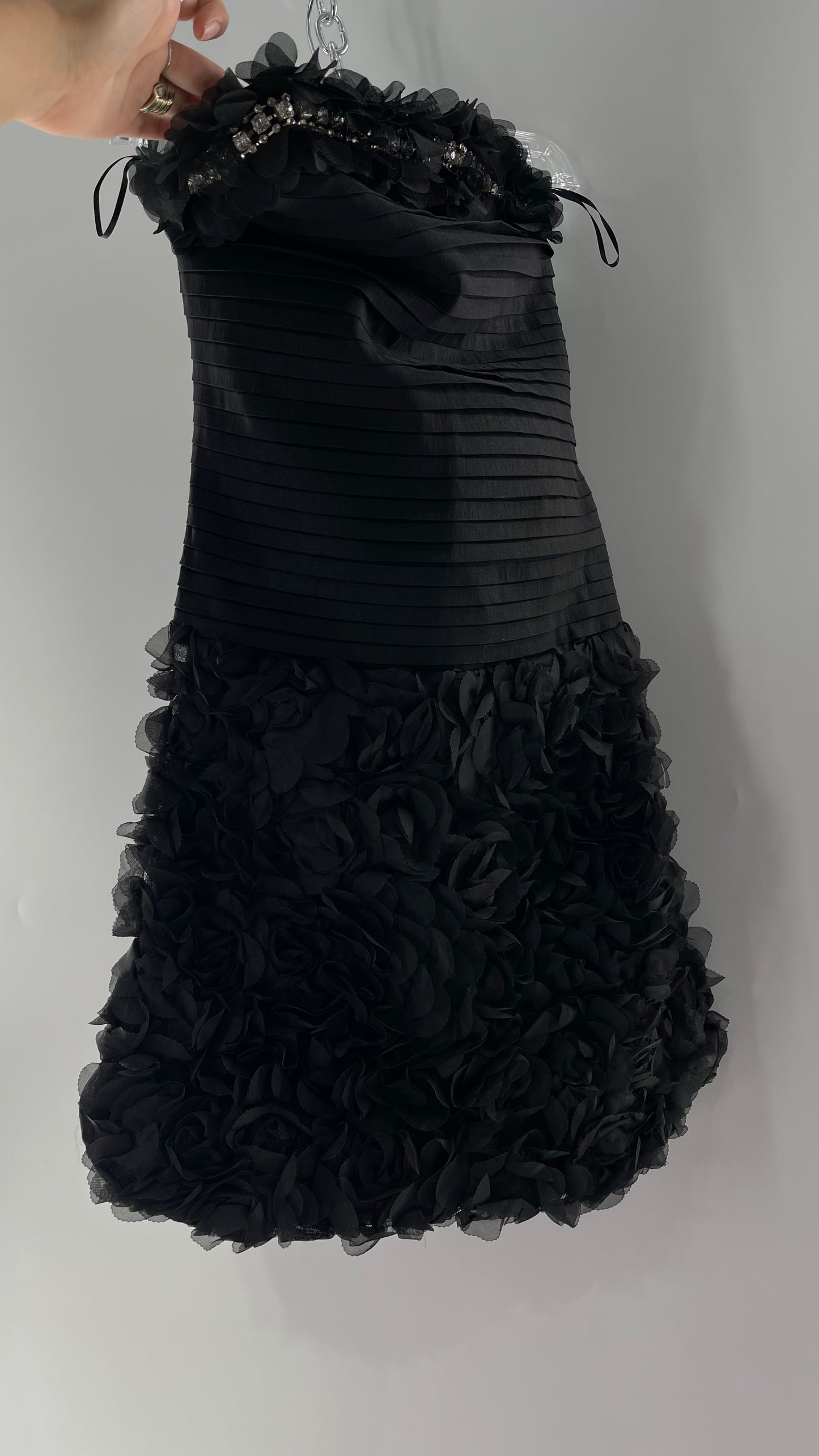 C.O:GWBG Black Dress with Pleated Bodice, Floral Ruffled Skirt and Bedazzled Bustline (S/M)