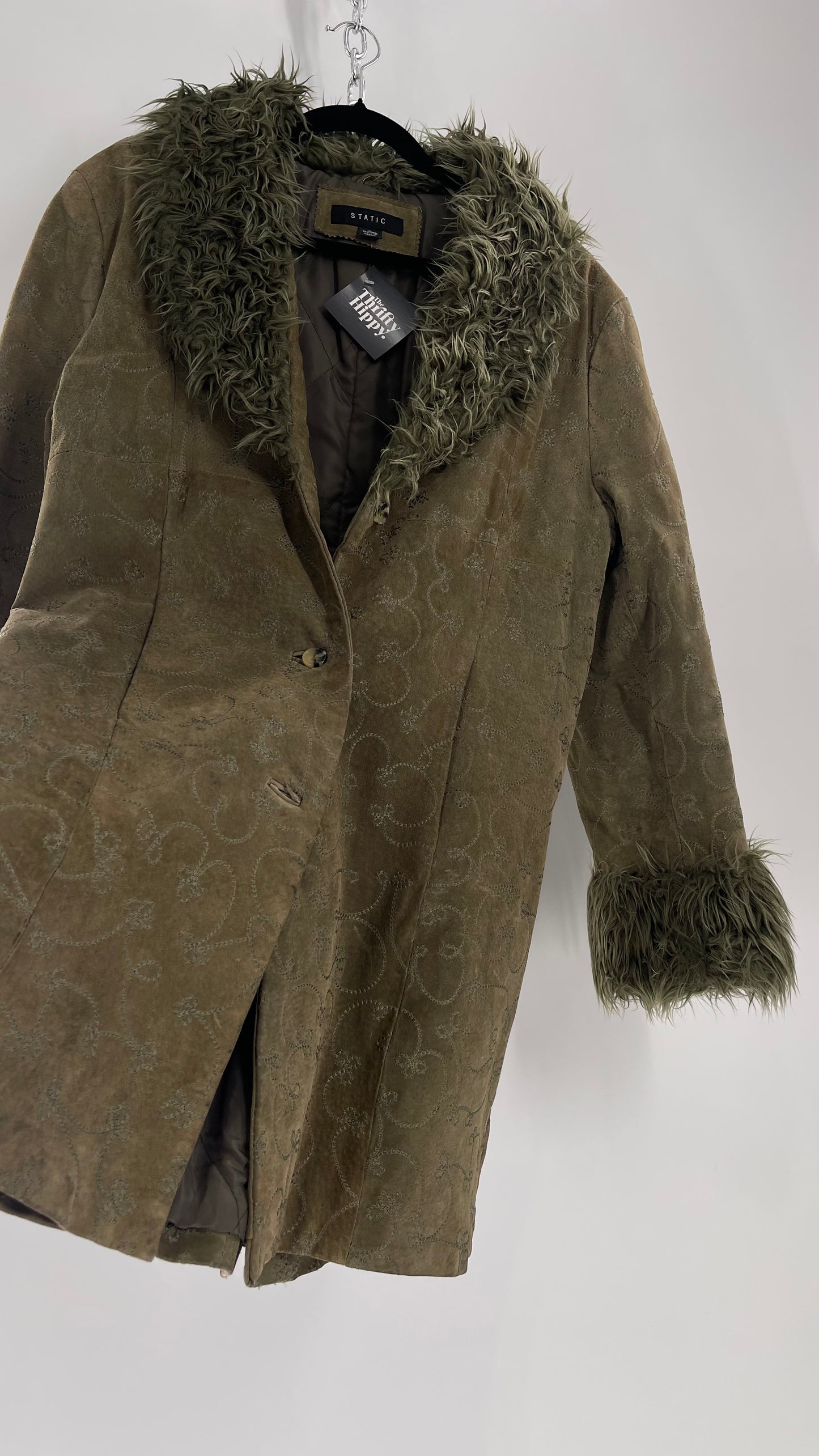 Vintage STATIC Embroidered Genuine Leather Coat with Fur Cuffs and Collar (C) (XL)