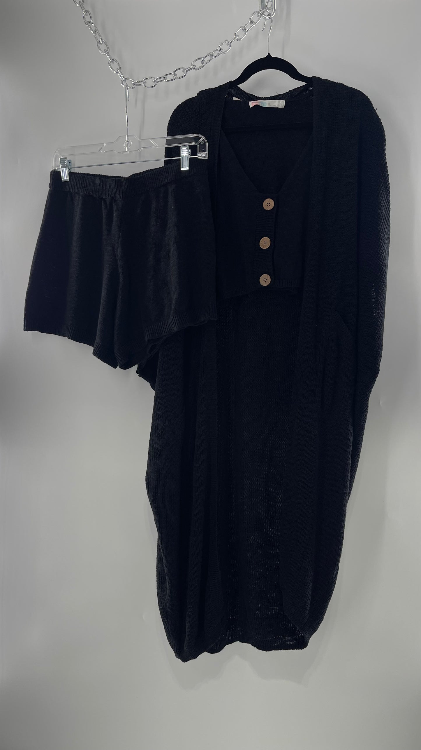 Free People Kai 3 piece Black Knit Cardigan, Tank, Shorts Set with Extra Button Never Worn (Medium)