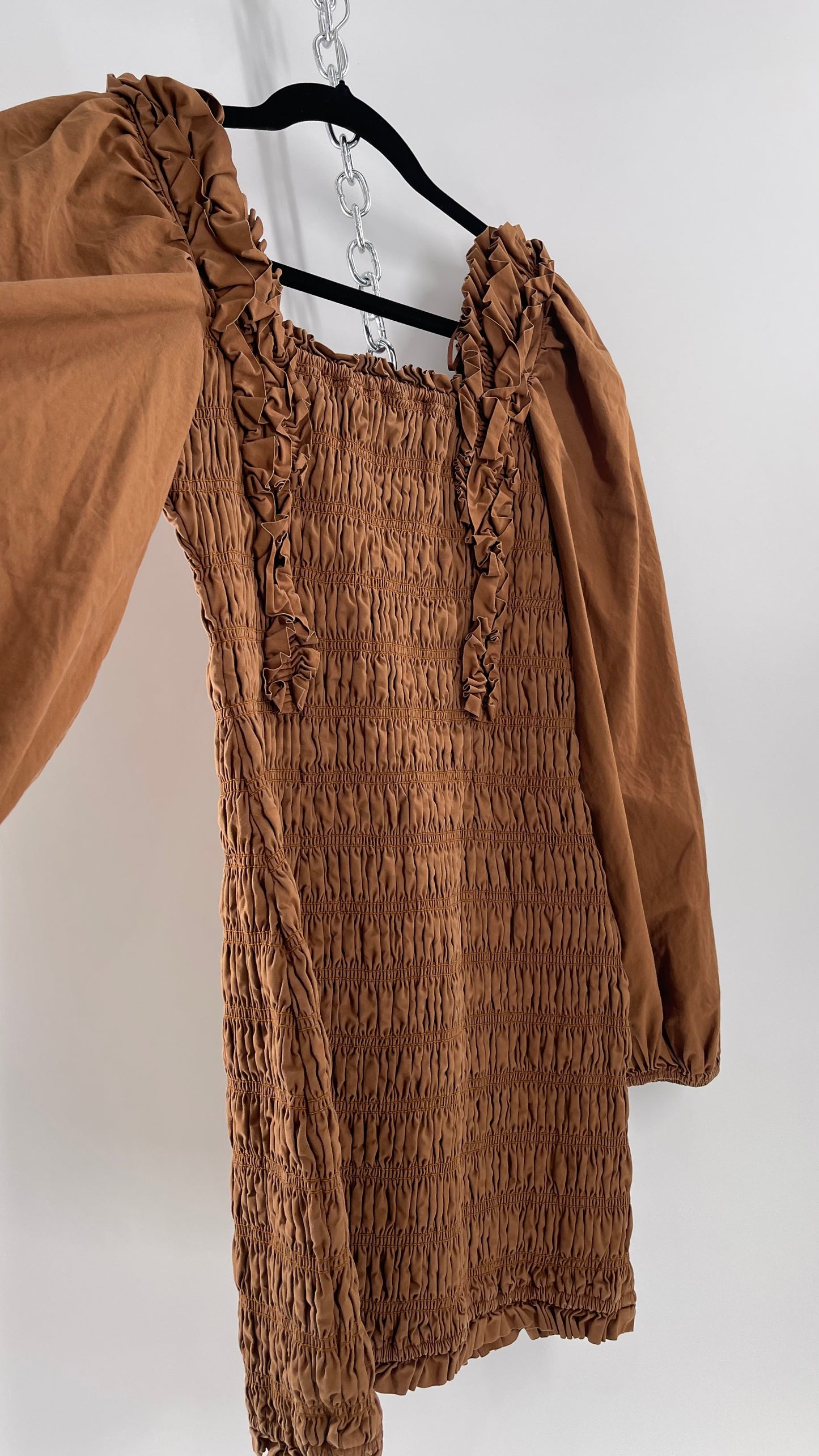 Endless Rose Anthropologie Brown Smocked Ruffle Front Puff Sleeve Mini Dress (Medium)
