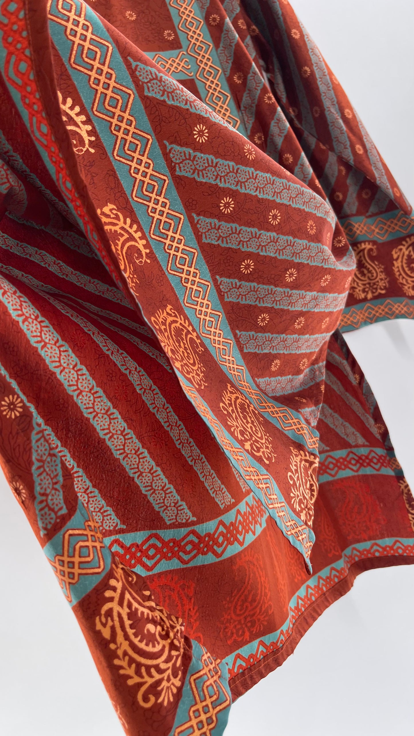 Vintage 1970s Indian 100% Silk Tunic Burnt Orange, Teal and Gold (40)