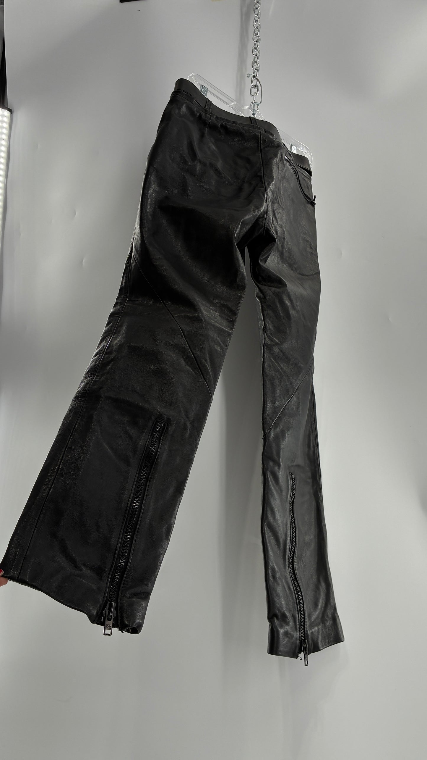 Vintage Black Italian Leather Motorcycyle Pants with Built In Belt and Zipper Detailing (XS)