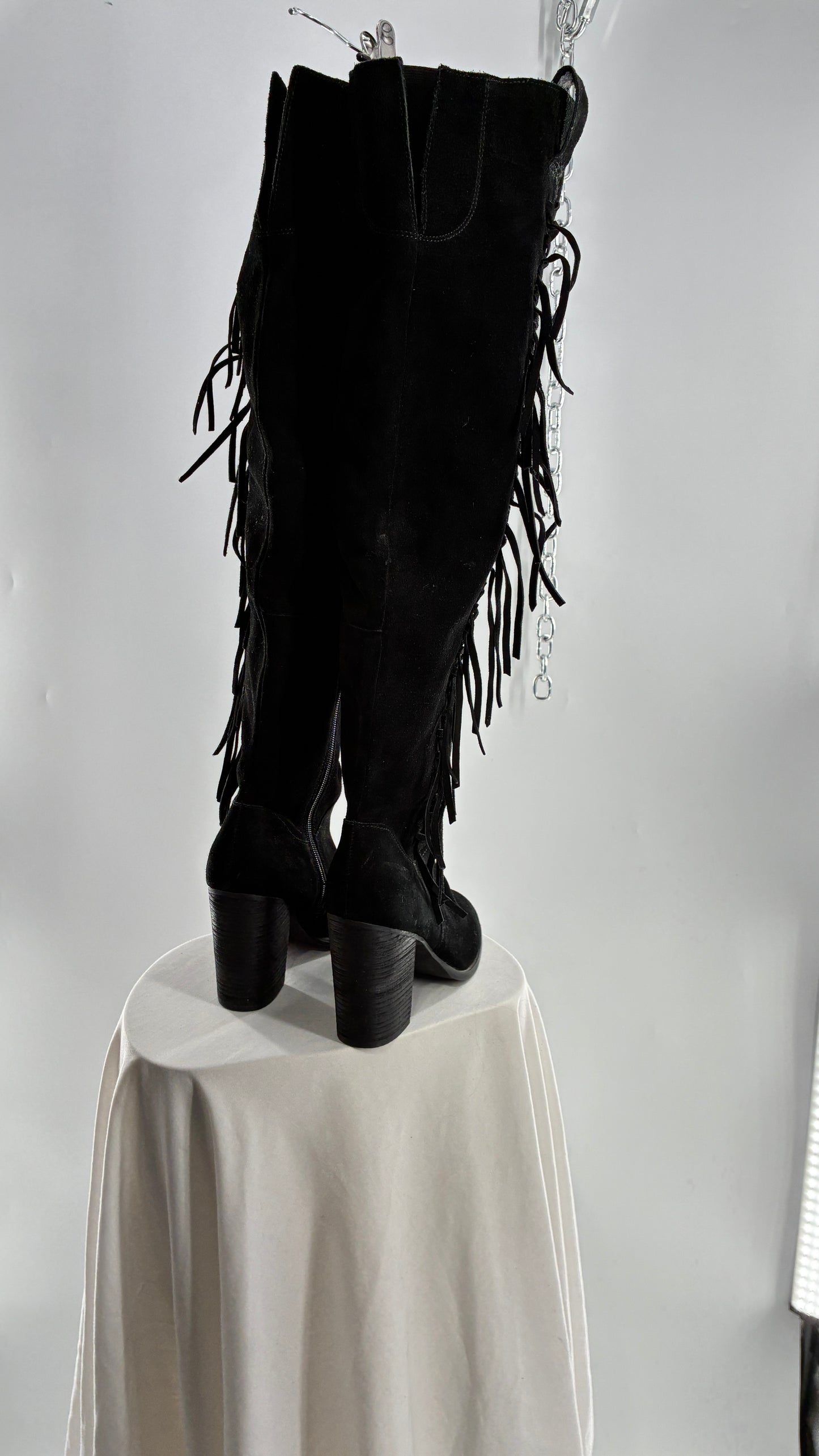 Vintage CARLOS SANTANA Genuine Suede Leather Thigh High Tassel, Fringe Side Boots (7.5)