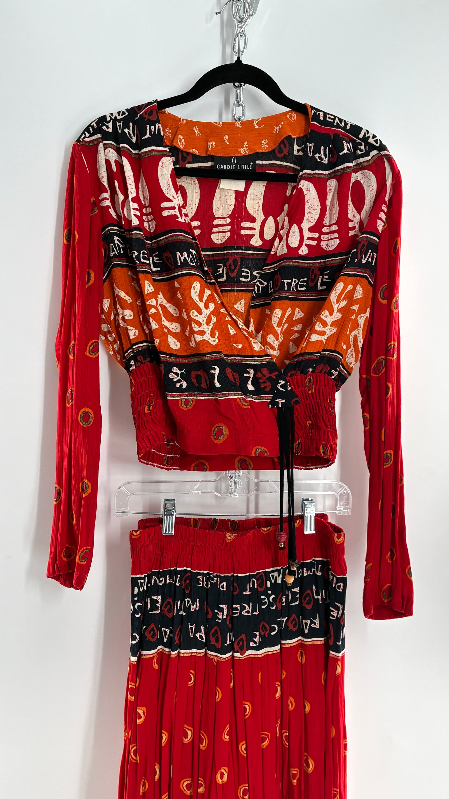 Vintage CAROLE LITTLE Red 3pc Set, Cropped Blouse, Haram Pant and Skirt (Pants 4, Skirt 10, Top S)