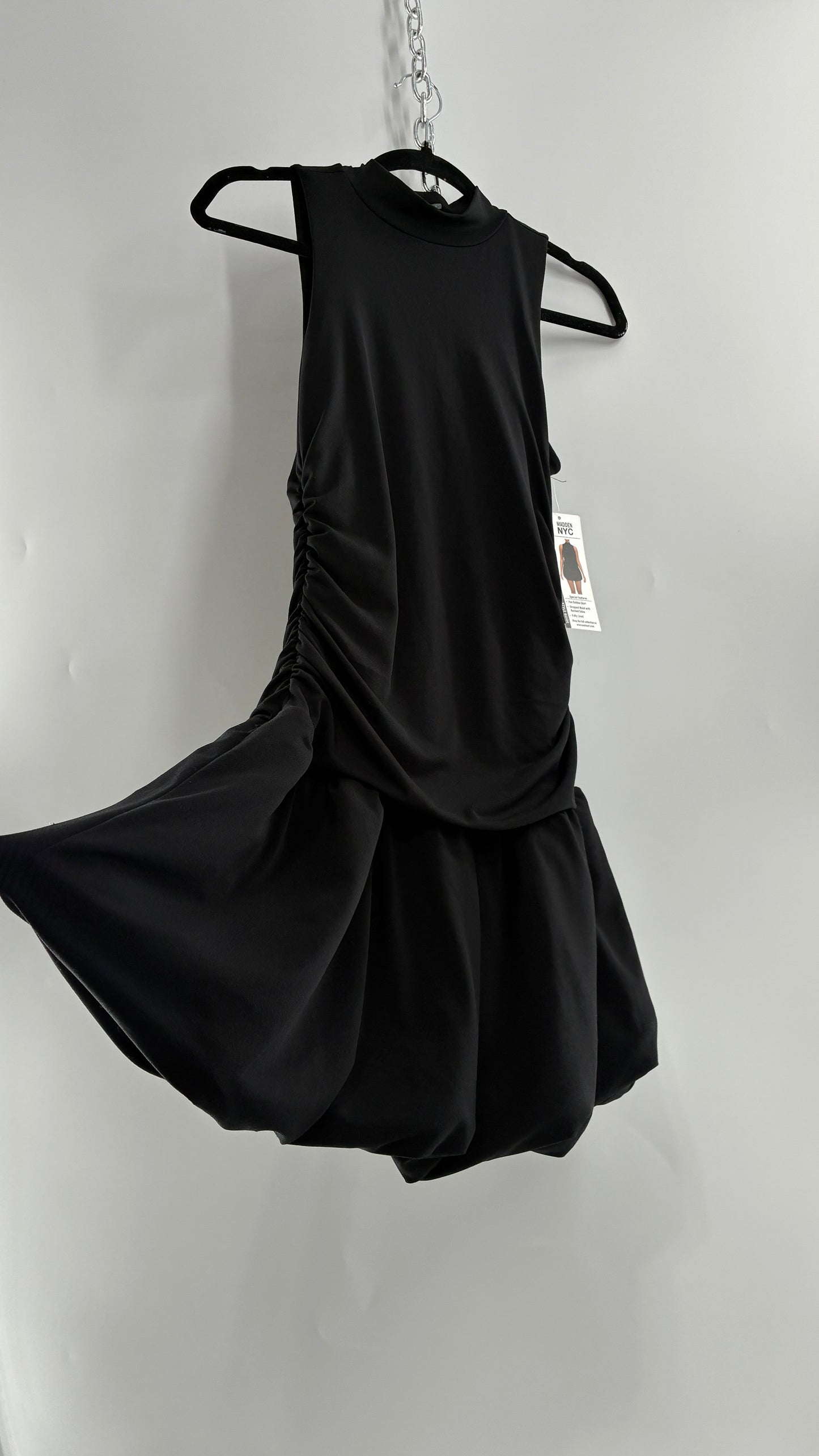 MADDEN NYC Black High Neck, Drop Waist, Bubble Hem Mini Dress with Tags Attached (XS-S)