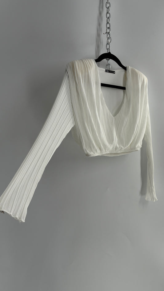 ZARA White Pleated and Draped Long Sleeve Blouse with Shoulder Pads (S)